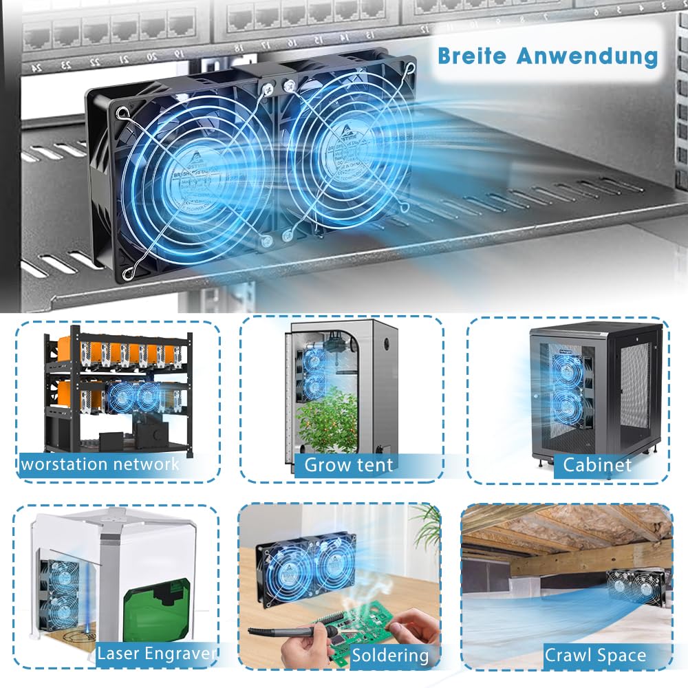 GDSTIME 120mm Lüfter 230V Doppellüfter 120x120x38 Regelbar Doppelkugellager | 2x 120mm lüfter 230v 120x38 Großer Luftstrom 4V -12V Geschwindigkeit Kontrolle für Kühlschrank Wechselrichter Server Schrank