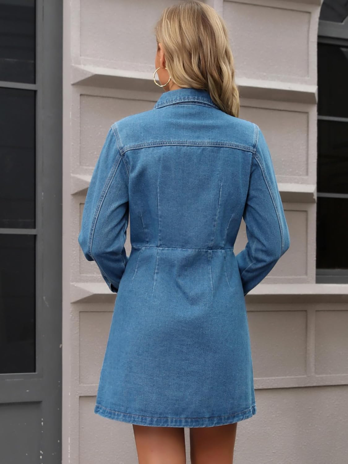 Women's Denim Mini Dress Button Down Collared Long Sleeve A-Line Jean Dresses - Image 4