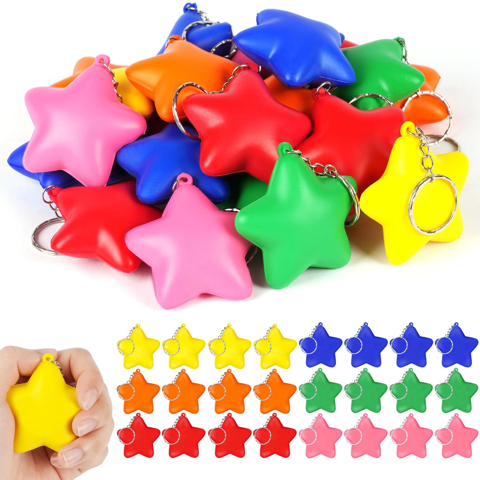 Ainiv Star Funny Stress Balls, 24 PCS Anti-Stress Balls for Adults with Keychain, Mini Fun Star Shape Sensory Stress Ball for Kids and Adults, Hand Exercise Stress Relief Balls Toys for Anxiety Stress