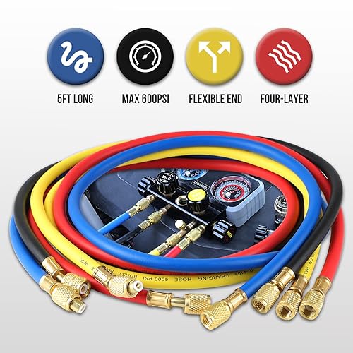 Miniatura 5 de Lichamp AC R1234YF R134A - Juego de medidores de 4 válvulas compatible con refrigerantes R1234YF R134A y R404A, funciona en carga y evacuación de