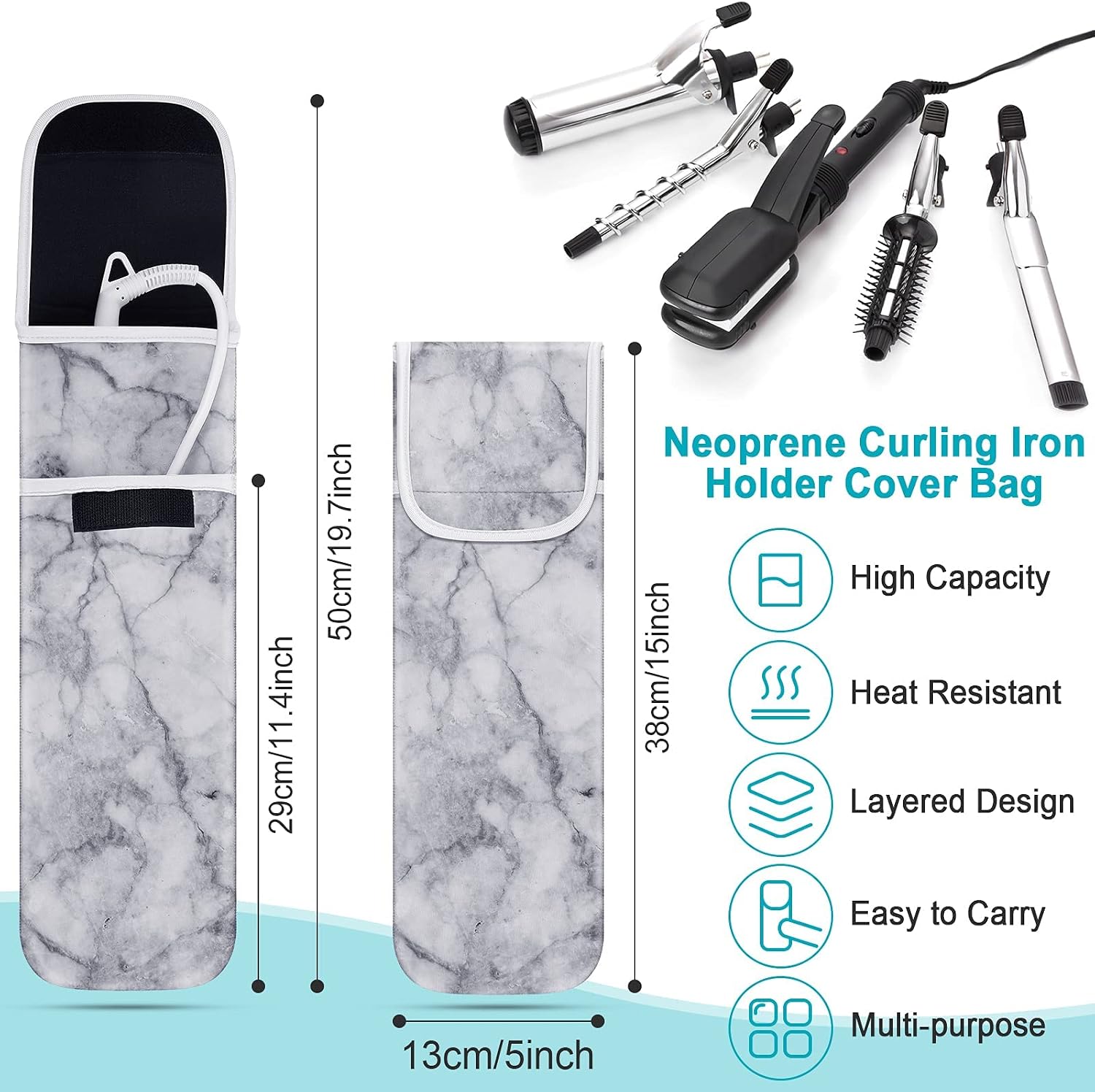 2 Pieces Flat Iron Case Holder Heat Resistant Curling Iron Neoprene Straightener Holder and Silicone Travel Mat for Hair Tools Curling Iron Organizer Bag or Daily Use(Marble Style)