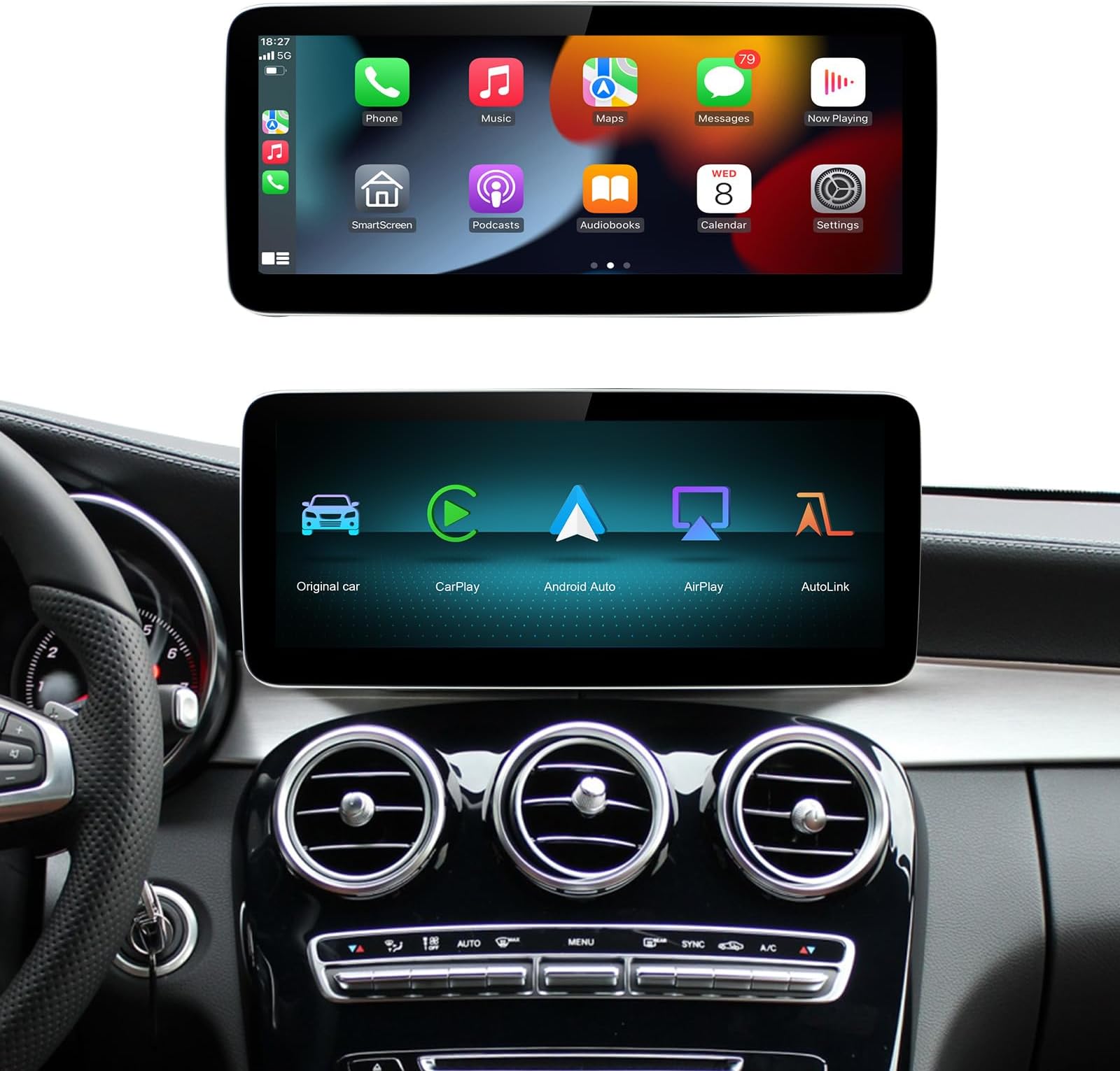 Wireless Carplay/Android Car 12.3 Inch Multimedia Radio Linux Touchscreen for Mercedes Benz NTG5.0 GLA CLA GLC AirPlay/Autolink/USB HD Resolution 1920 x 720