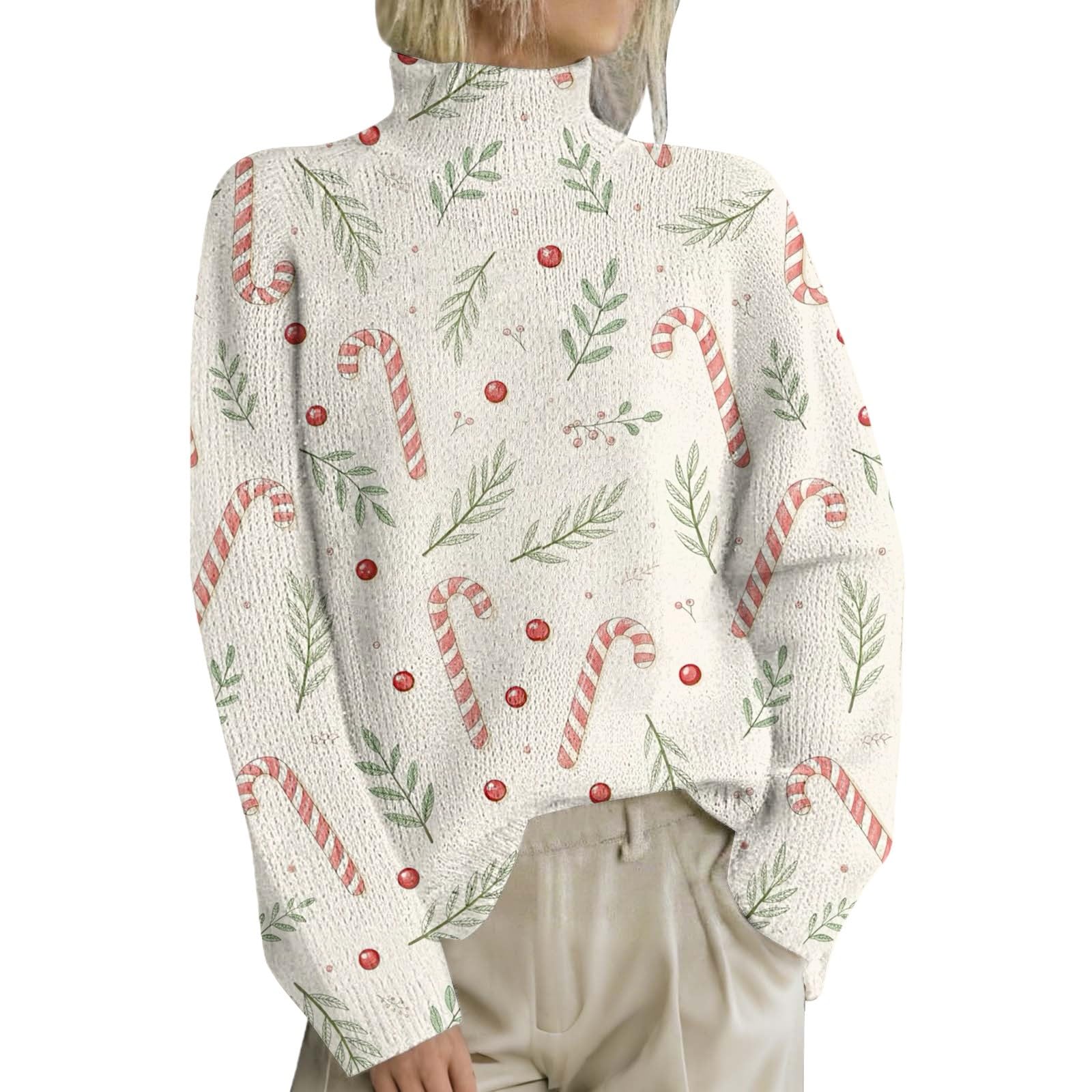 Christmas Sweater Women Festive Tree Print Knitted Pullover Long Sleeve Mock Neck Holiday Top