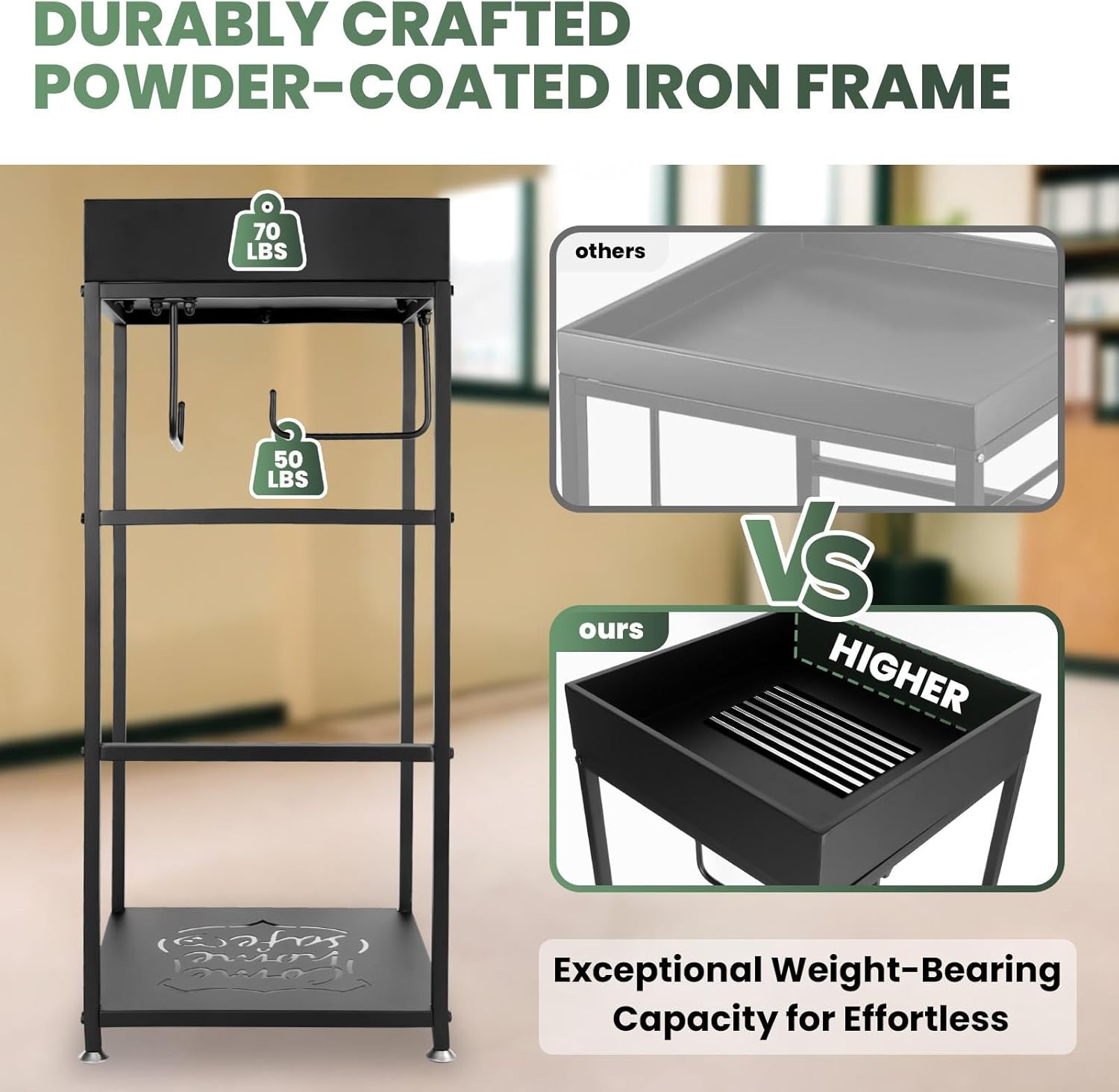 Police Gear Stand, Heavy Duty Tactical Duty Gear Rack with 3 Hooks, Free-Standing All Metal Frame Police Gift Decor with Flag, Black Powder-Coated, Come Home Safe