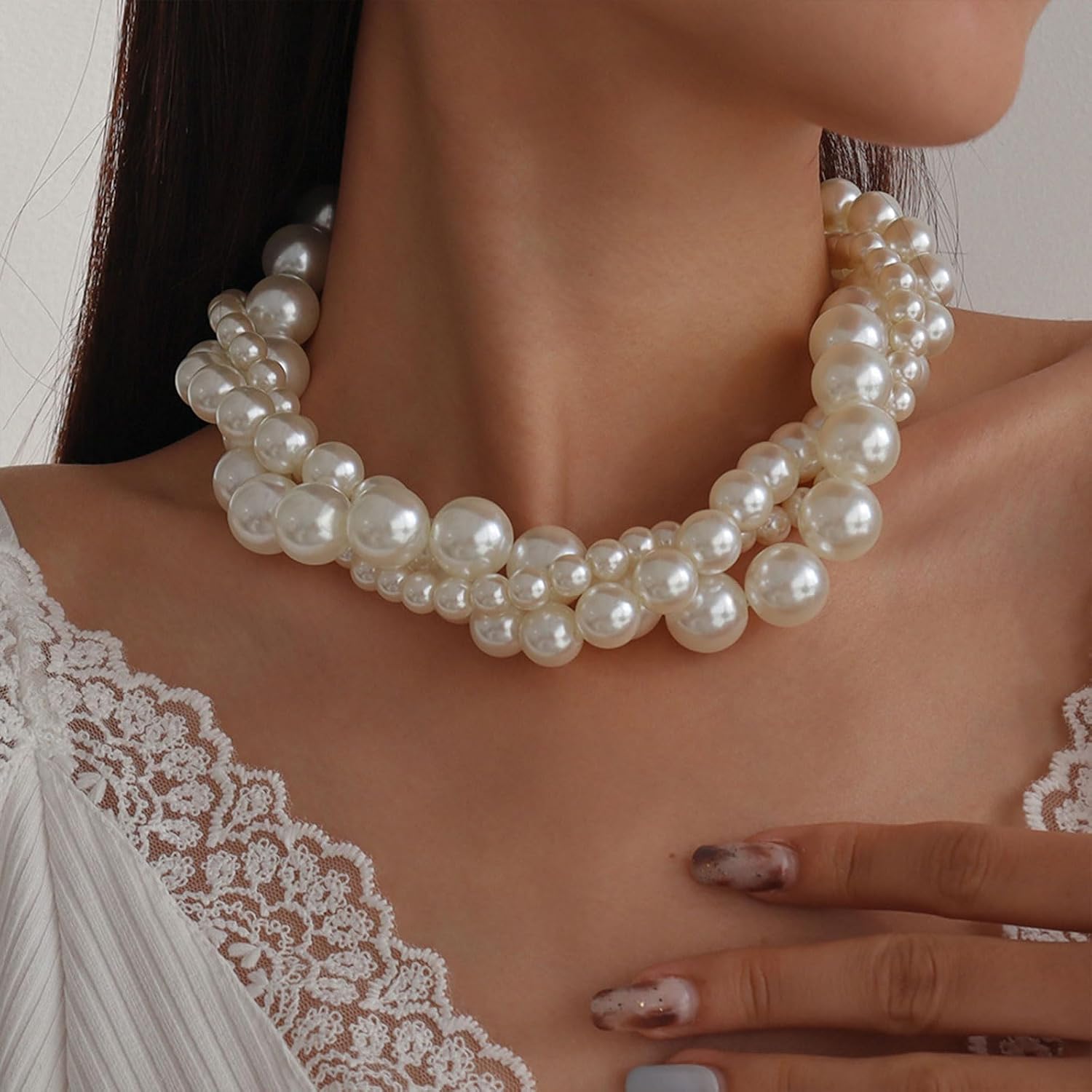 Big Pearl Necklaces for Women Layered Chunky Pearl Heart Charm Necklace Wedding Jewelry for Brides Bridesmaid Prom Brithday Gifts
