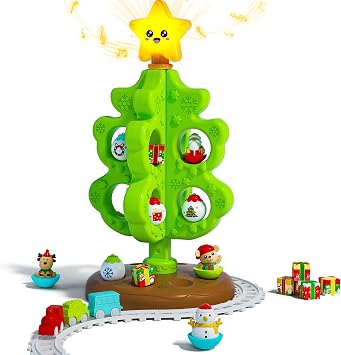 My First Christmas Tree for Toddlers, Musical Light Up Montessori Decor Toy with Ornaments, Mini Train Set, Roly Poly Toys, Finger Puppets, Birthday Xmas Gifts for Little Kids Boys and Girls