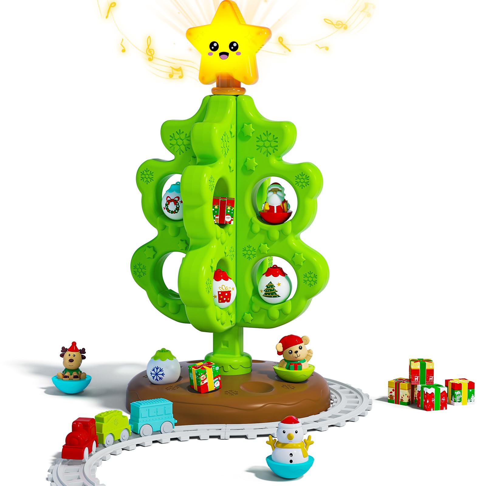 Mio Primo Albero di Natale per Bambini, Giocattolo Montessoriano Musicale con Luci e Decorazioni, Set di Trenini in Miniatura, Giocattoli a Rulli, Burattini da Dito, Regali Natale per Bambini Bambina