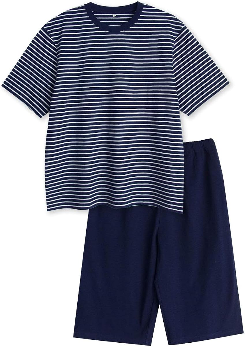 品 綿100 半袖 メンズ パジャマ ボーダー セットアップ ルームウェア 夏 Tシャツ素材 柔らかく軽い