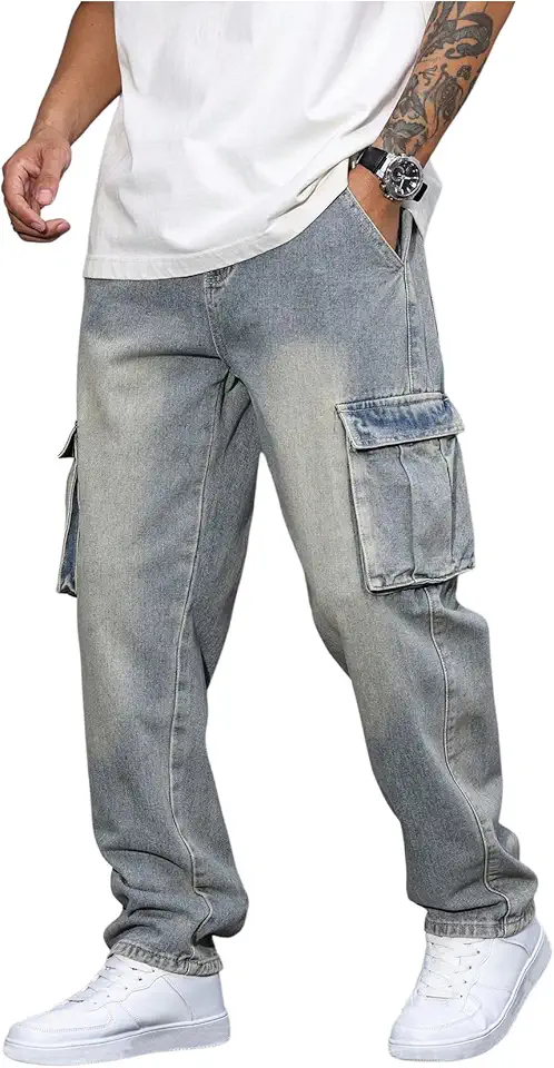 Verdusa Men's Cargo Jeans Relaxed Outfits Straight Leg Denim Pants Vintage Jeans with Pockets