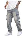 Men's Cargo Jeans Relaxed Outfits Straight Leg Denim Pants Vintage Jeans with Pockets