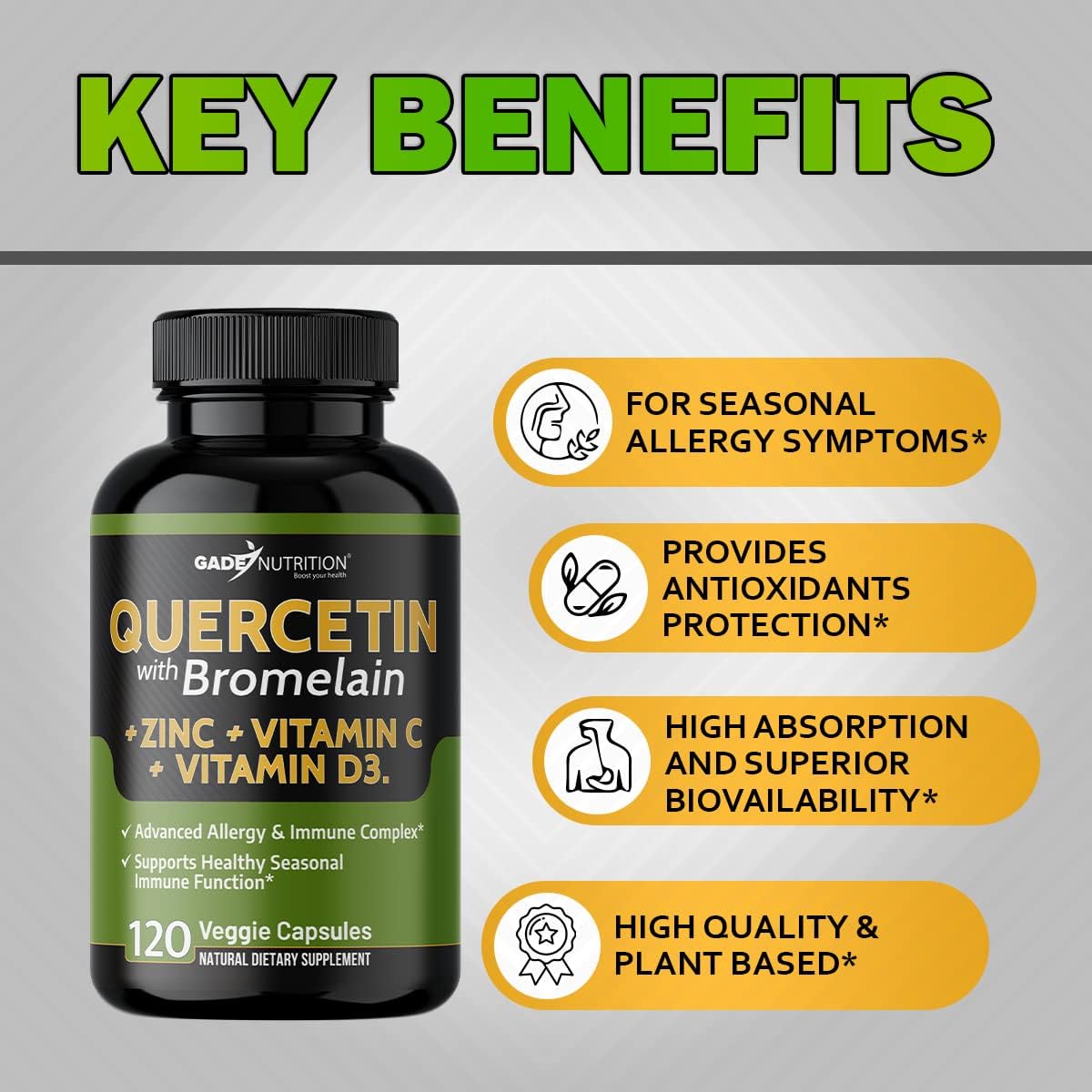 Quercetin with Vitamin C and Zinc - Quercetin 500mg - Quercetin with Bromelain - Zinc Quercetin - 120 Veggie Caps. Quercetin Supplements + Vitamin D3 (Non-GMO, Gluten-Free, Vegan) 2 Month Supply
