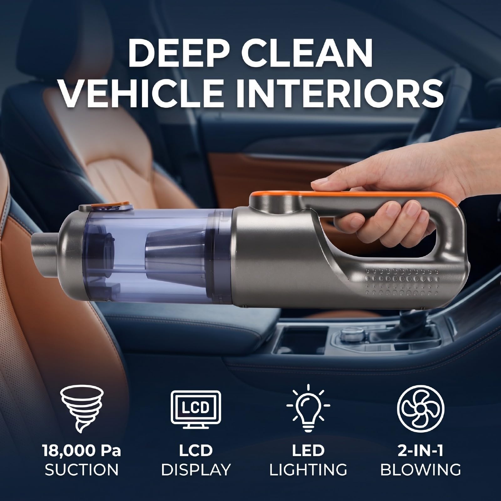 Aspirapolvere Auto Senza Fili, Aspirabriciole Portatile con Motore Brushless e Aspirazione 18000Pa, 2 in 1 Soffiatore Ad Aria, Autonomia 35 Min Display LCD Luce LED for Auto di (ORANGE)