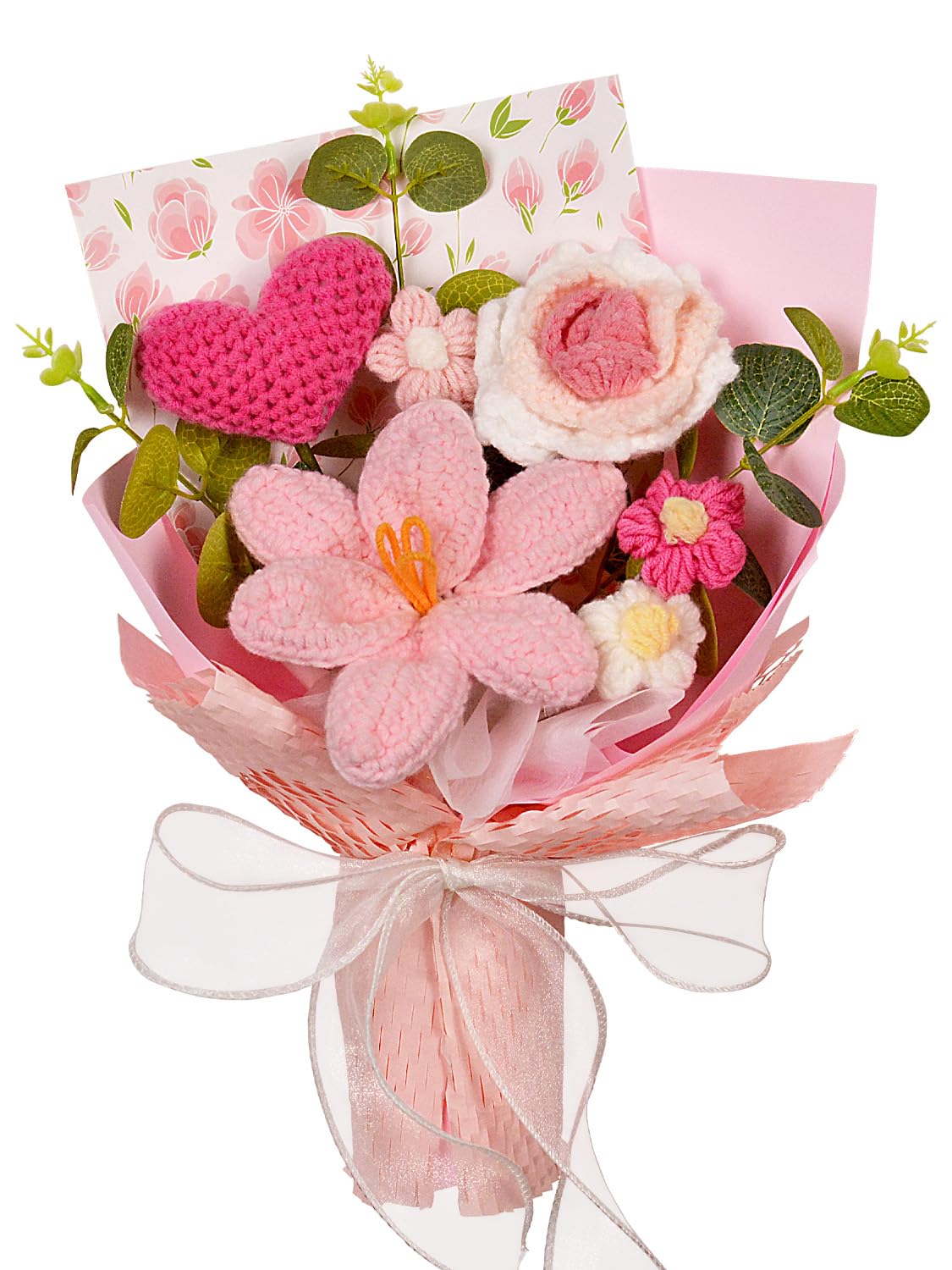 Wishwell Pop Crochet Flower Bouquet - Knitted Flowers Crochet Rose Tulip Love Heart for Valentine's Day Anniversary Engagement Wedding Mother's Day Birthday Gifts, Pink