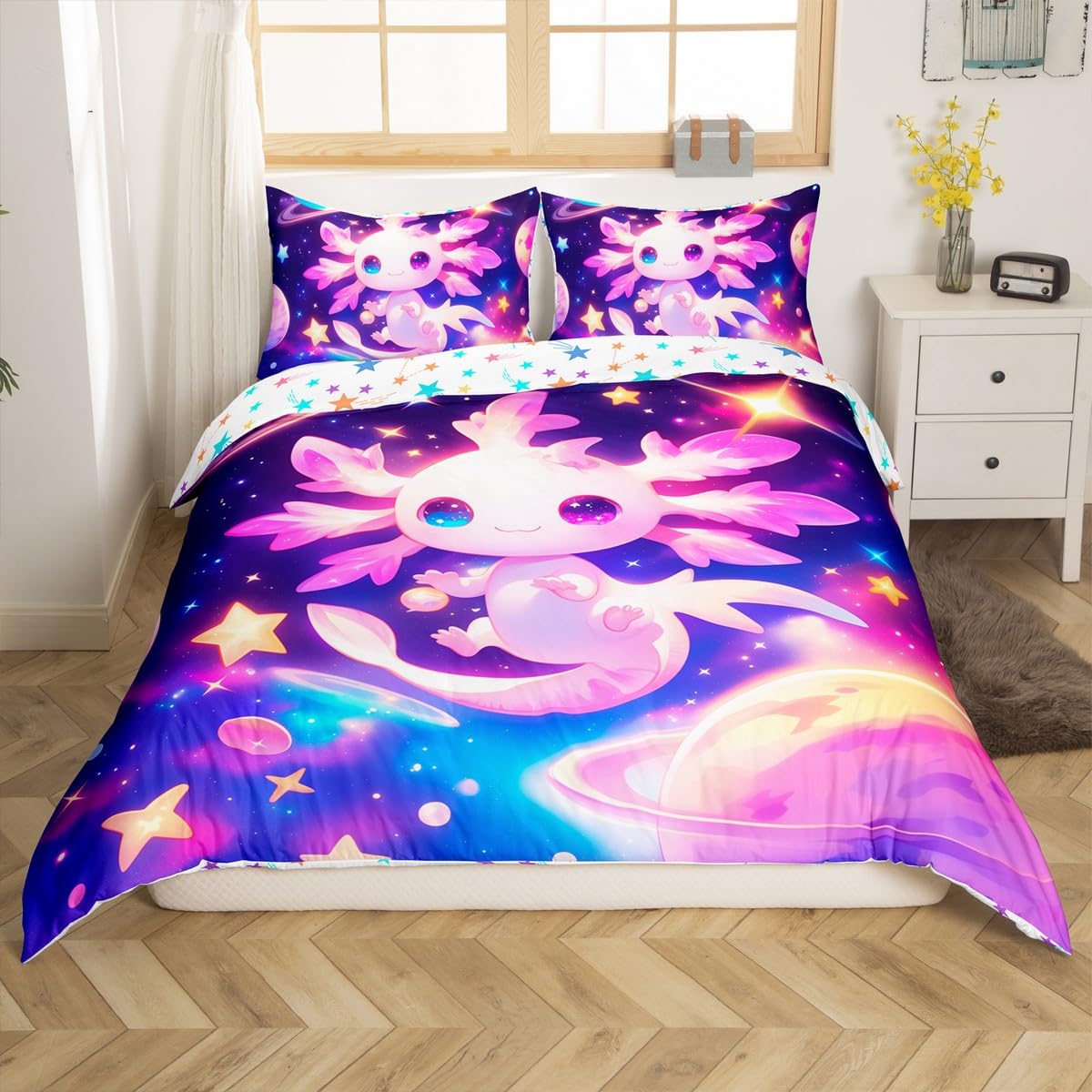 Homewish Axolotl Comforter Cover Single For Kids Boys Girls,Galaxy Planet Space Bedding Set Cartoon Animal Duvet Cover Purple Dreamy Starry Quilt Cover - Image 3