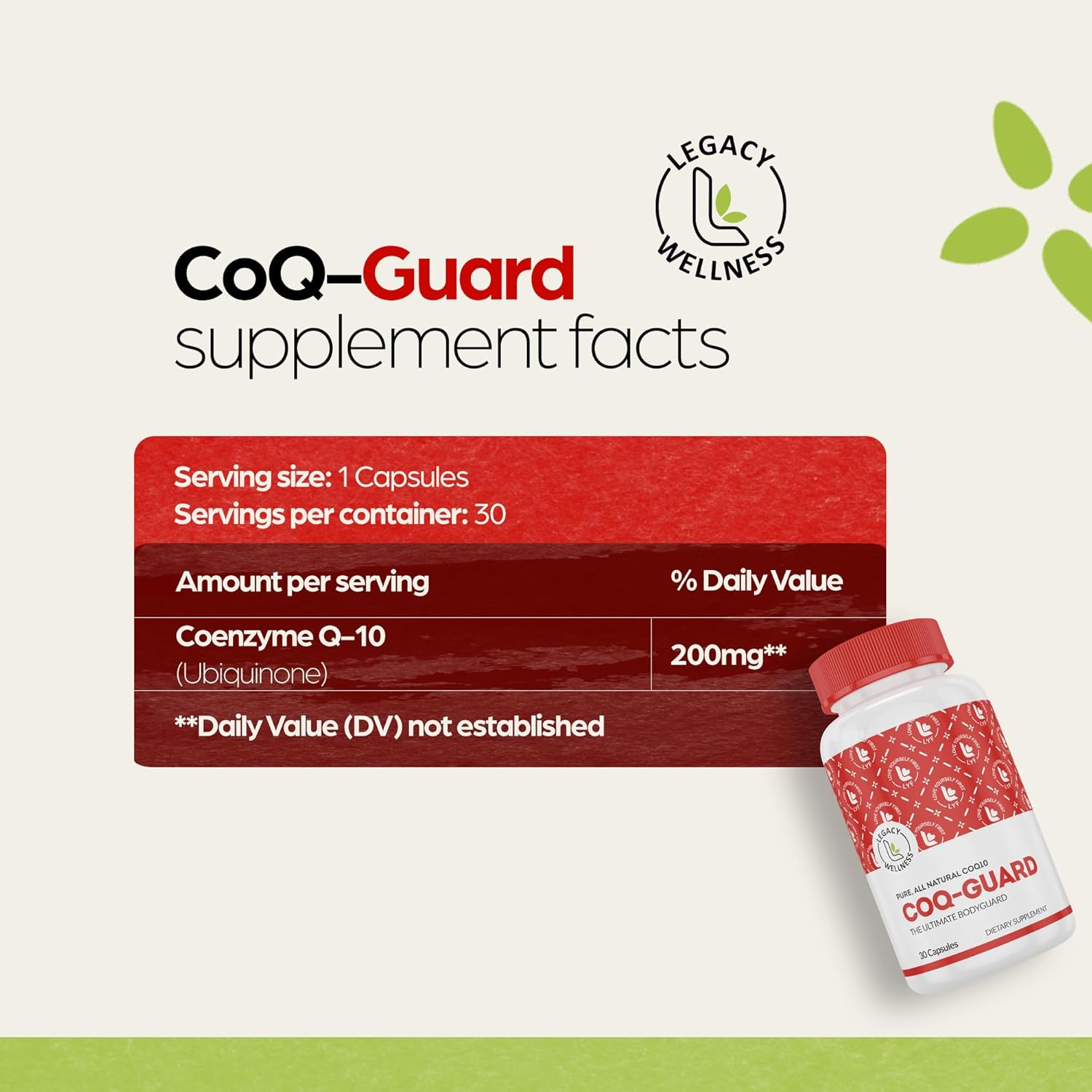 Legacy Wellness CoQ-GUARD CoQ10 200mg - Natural High Potency CoQ10 Supplement for Energy, Heart, Antioxidant & Cellular Support - High Potency Co Q 10 Ubiquinone for Overall Wellness - Non-GMO 30 Caps