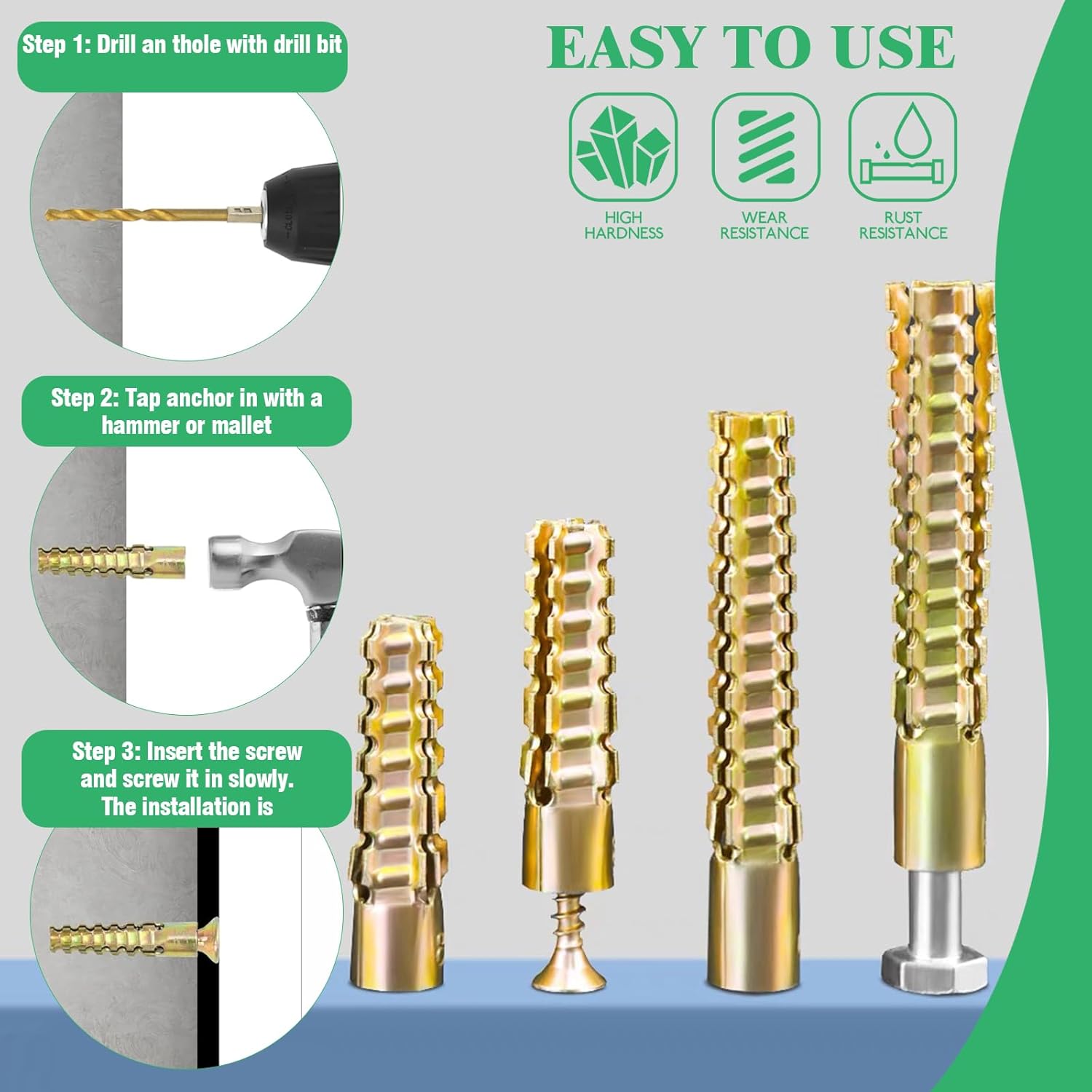 180Pcs / 90 Sets 4 Size Steel Wall Anchor with Screws, 5x30mm, 6x32mm, 8x38mm, 10x60mm Heavy Duty Loose Hinge Hole Repair Kit for Concrete, Hollow and Wooden Wall