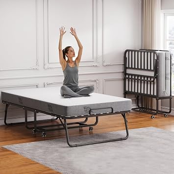 Deluxe Folding Bed with Adult Mattress, Twin Size, Portable Folding Bed with Deluxe Memory Foam Mattress and Extra Strong Frame, 75" x 46 ", Folds, Rolls and Conceals 75 x 46 75"46"