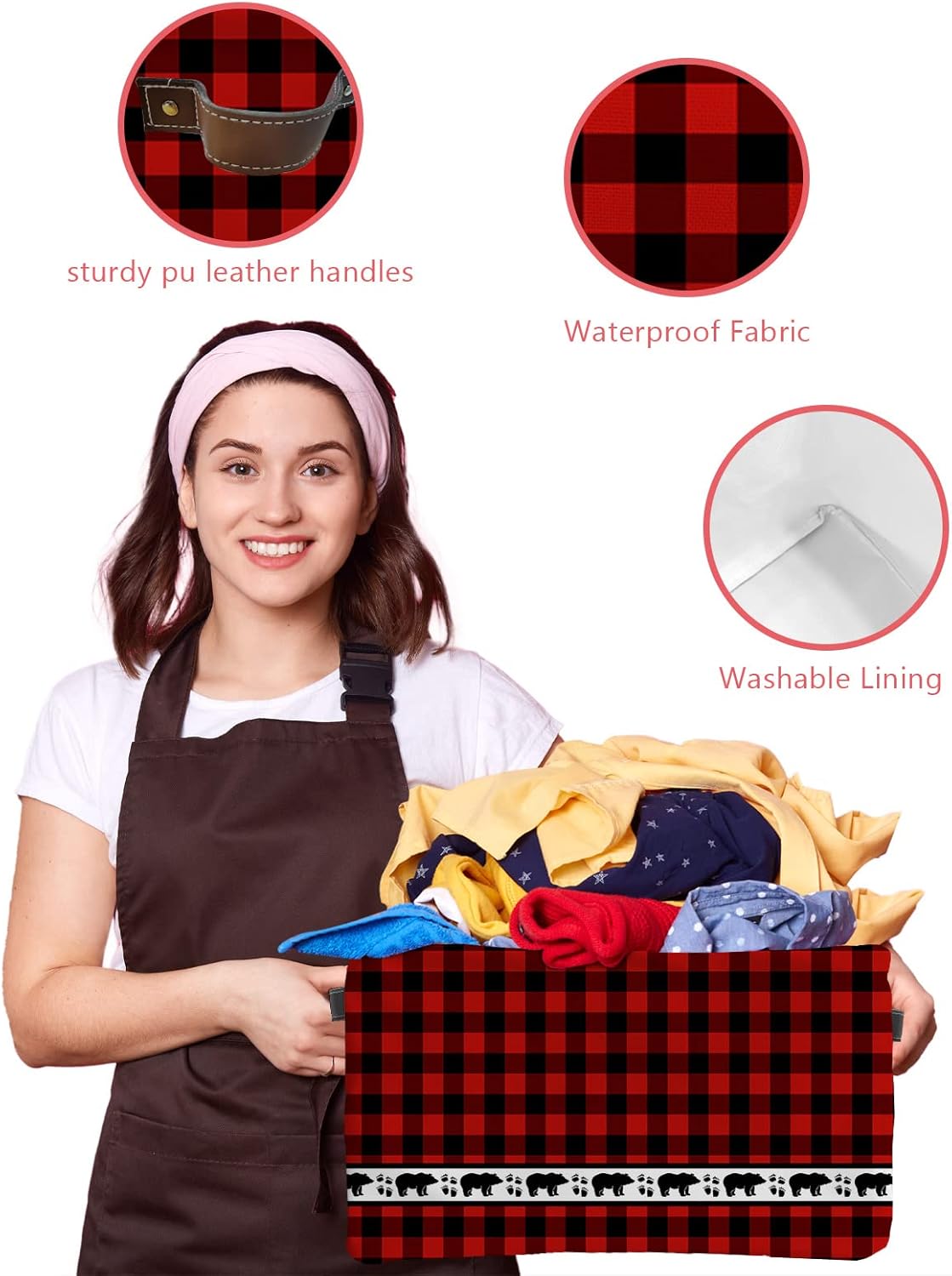 Red Black Plaid Bear Storage Bins 2 Pack, Large Waterproof Storage Baskets for Shelves Closet, Forest Wild Bear Silhouette Storage Basket Foldable Storage Box Cube Storage Organizer with Handles