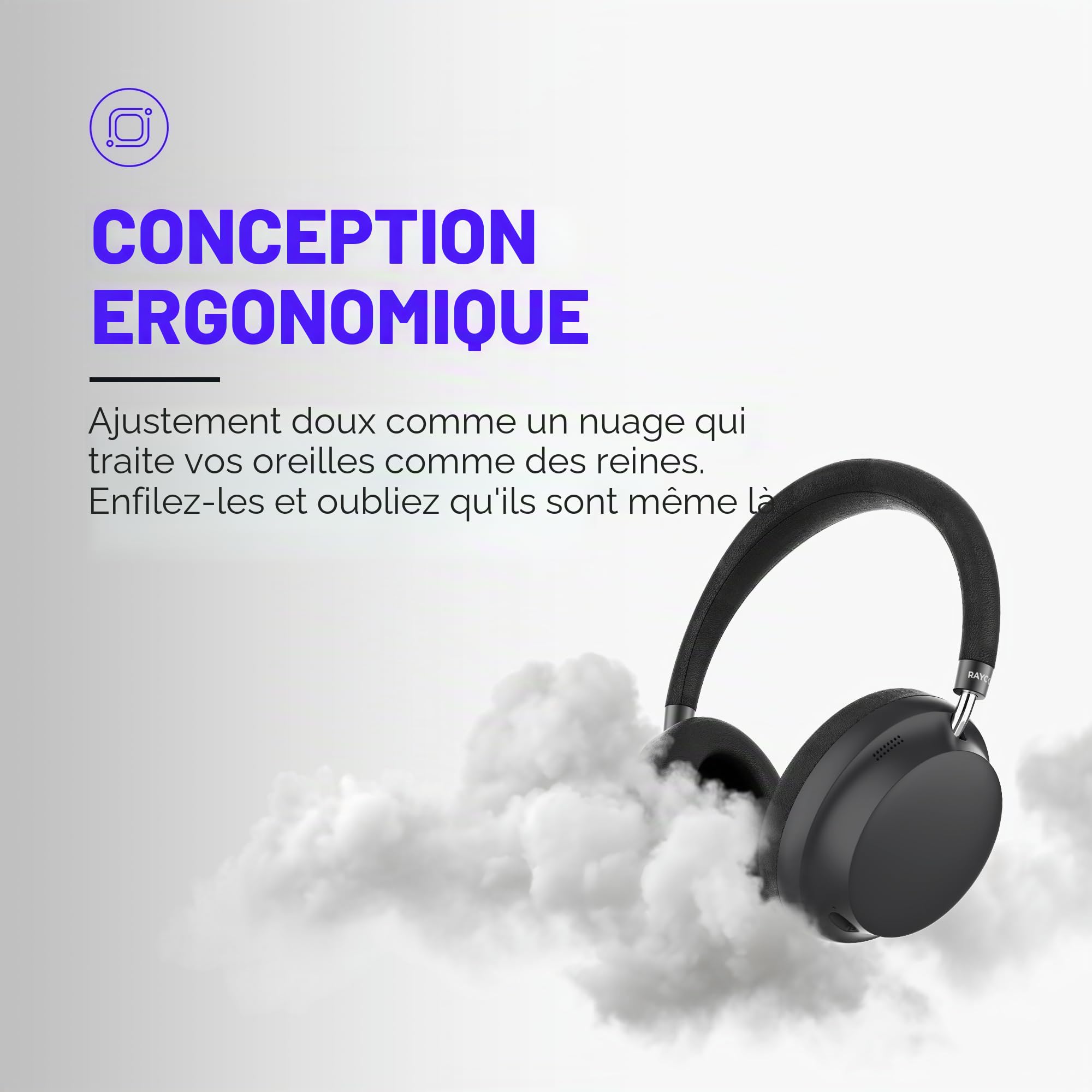 Raycon Essential Headphones – Casque supra-auriculaire Bluetooth sans fil, avec suppression active du bruit hybride, 5 microphones intégrés, IPX4 résistant à l'eau et 50 heures d'autonomie de la
