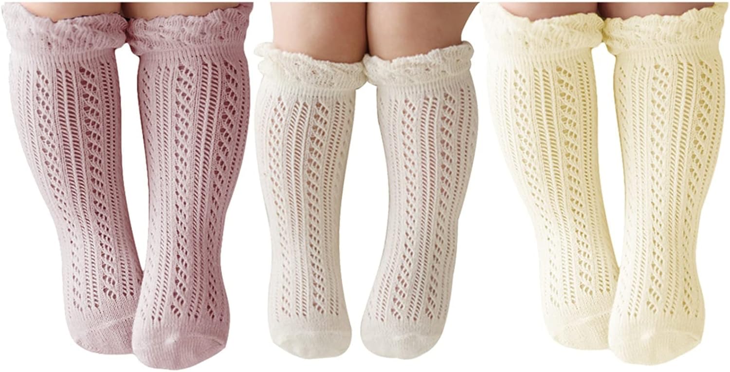 ACTLATI 3 Pairs Baby Girls Boys Knee High Socks Cotton Newborn Knit Stockings for 0-24 Months Infants Toddlers