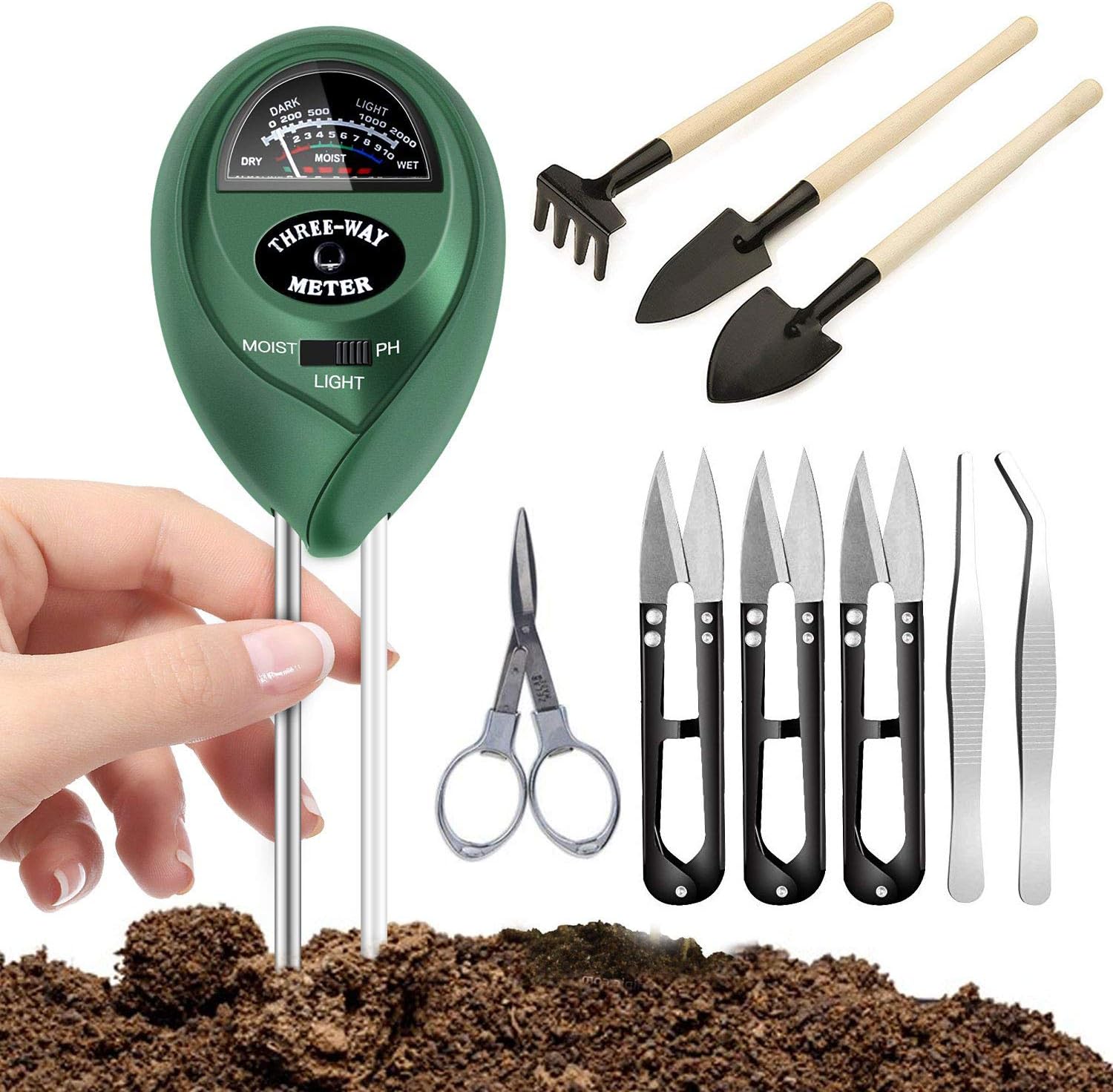 GLiving 9 Pcs Bonsai Tools with Soil Moisture Meter, 3-in-1 Moisture Sensor/Sunlight/Ph, Include Pruner, Folding Scissors, Mini Rake, Bud & Leaf Trimmer Set