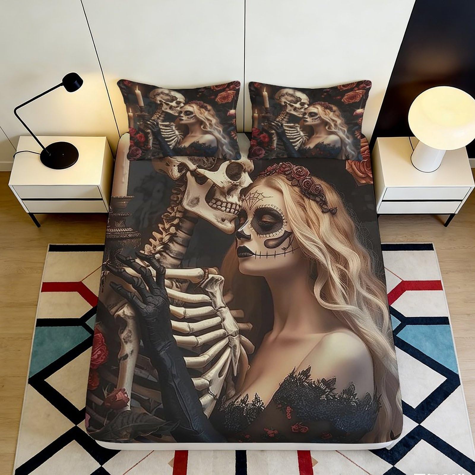 Jqzkxnhpbr Style-7 3D Printed Gothic Skeleton Fitted Sheet Microfiber Skull Rose Mattress Cover For Bedroom Dorm Home Decor 90X200x25cm