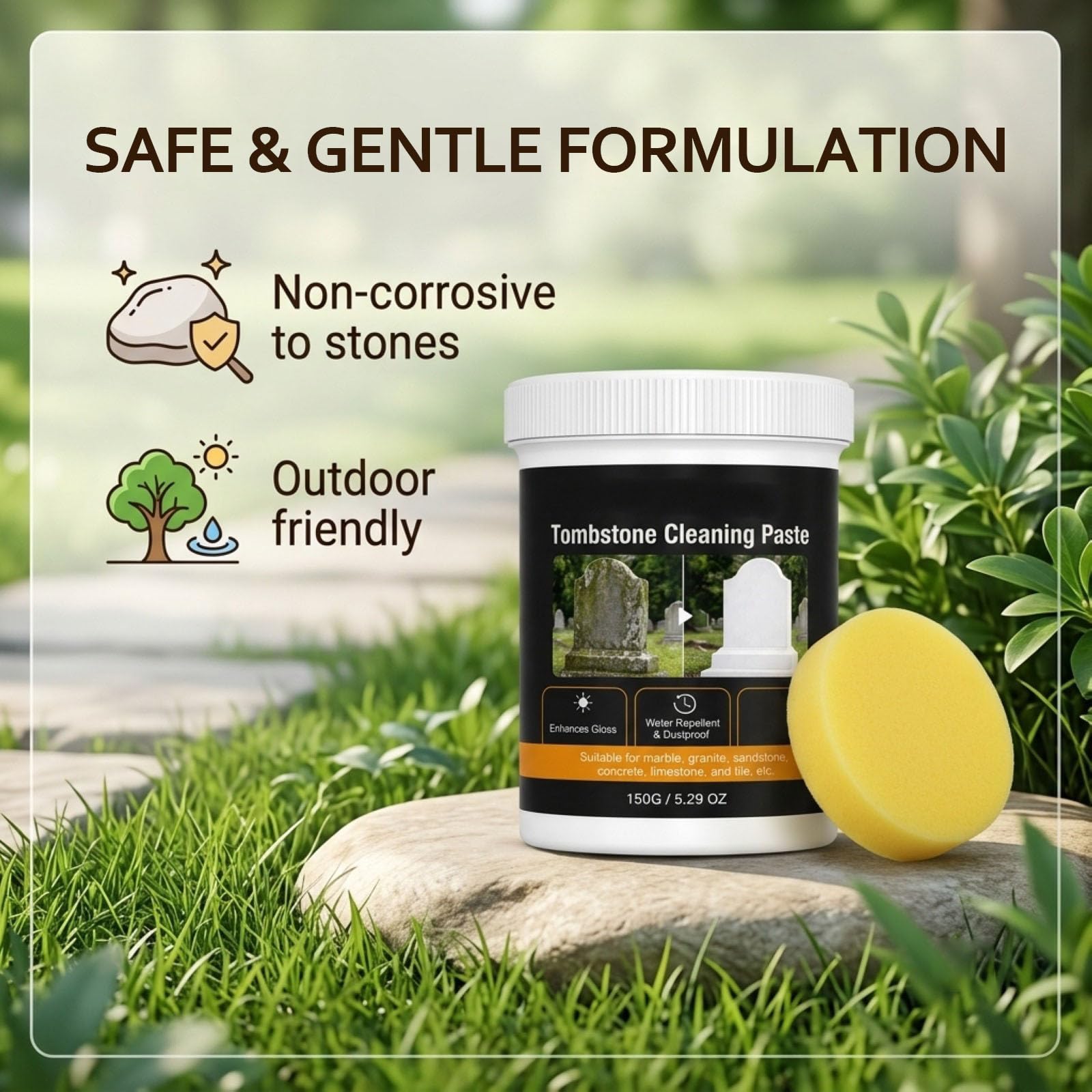 Kit de limpieza de lápidas con esponja – Pasta de cuidado de lápidas para mármol, granito y arenisca, limpiador de piedra multiusos y crema pulidora, quitamanchas y restaurador para lápidas al aire