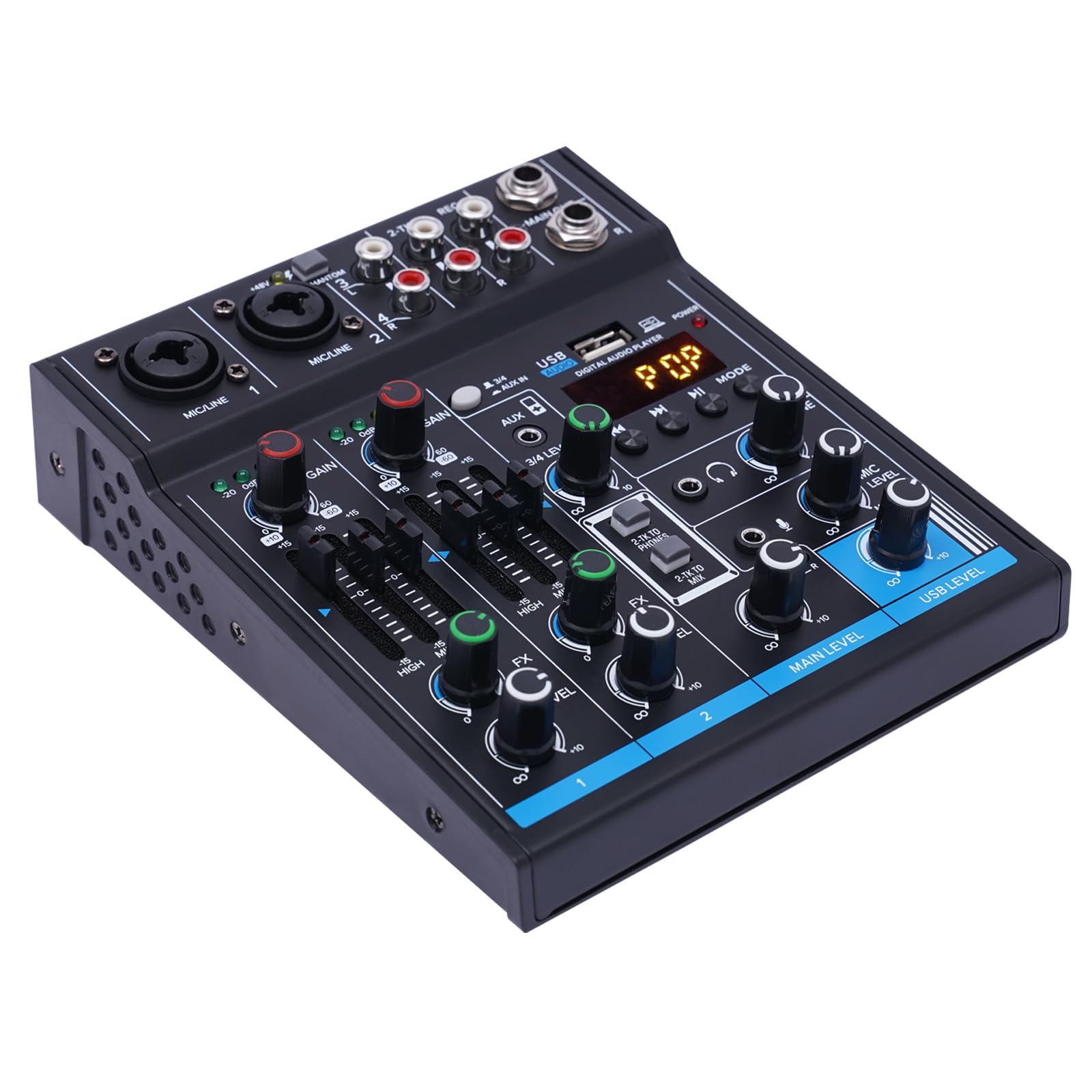 Mixer audio professionale, mixer audio DJ 4 canali, ingresso 48V alimentazione phantom, mixer stereo DJ per registrazioni, streaming live podcasting