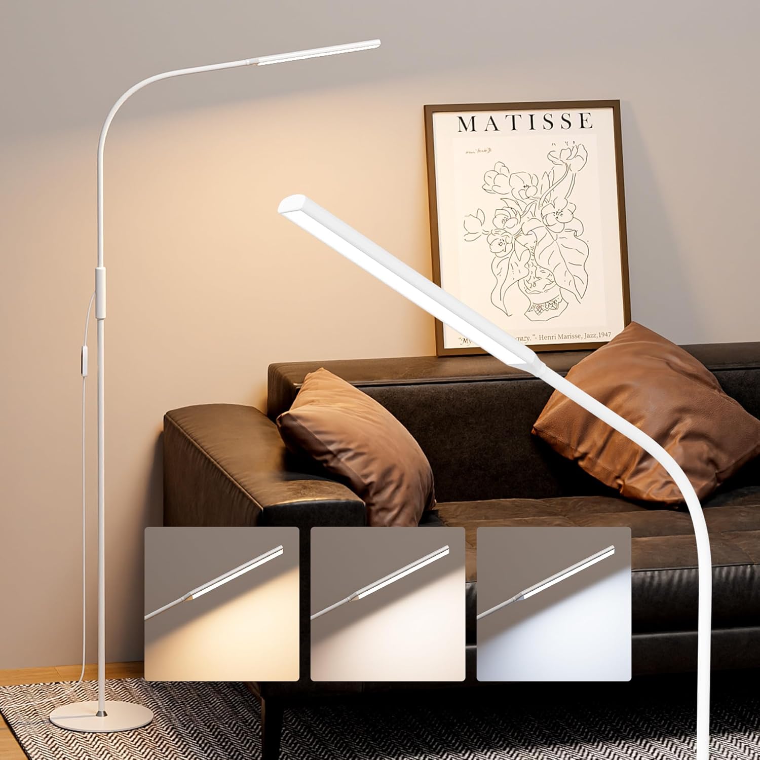 LED Floor Lamp for Living Room, Eye-Caring Standing Lamp with Touch Control for Stepless Colors and Brightness, 10W Bright Flexible Gooseneck Tall Lamp for Bedroom, White