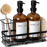 RYTOXILO Amber Glass Dish Soap Dispenser Set, 16.9oz Kitchen Sink Organizer with Quick-Dry Tray, Sponge Holder & Loofah Sponge