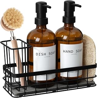 RYTOXILO Amber Glass Dish Soap Dispenser Set, 16.9oz Kitchen Sink Organizer with Quick-Dry Tray, Sponge Holder & Loofah Sponge