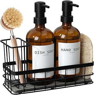 Dish Soap Dispenser for Kitchen, 16.9 fl oz Amber Hand and Dish Soap Dispensers, Kitchen Soap Dispenser Set with Sponge Ho...