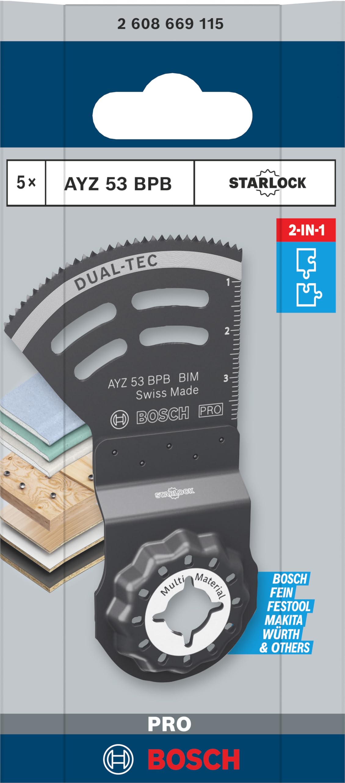 Bosch 5x Lame pour outil multifonctions PRO Multi Material AYZ 53 BPB (pour Panneau de cloison sèche, Bois clouté, Largeur 53 mm, Professional Accessoire Outil multifonction)