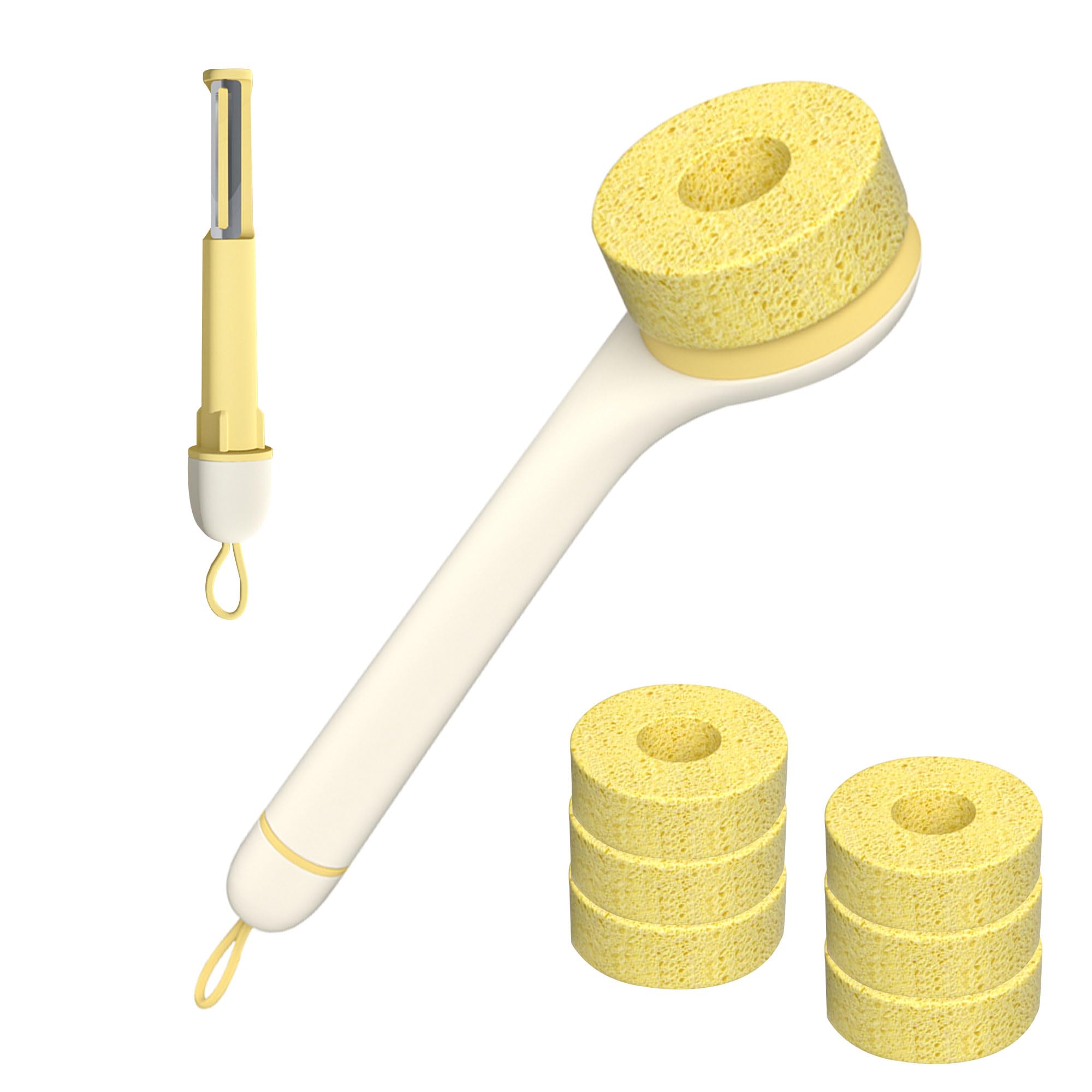 Non Scratch Dish Brushes with Handle,Dish Wand with 6 Pack Replacement Natural Sponge Head,Scrub Brush for Pans, Multifunctional Kitchen Gadgets with Peeler Pot Brush 2-in-1