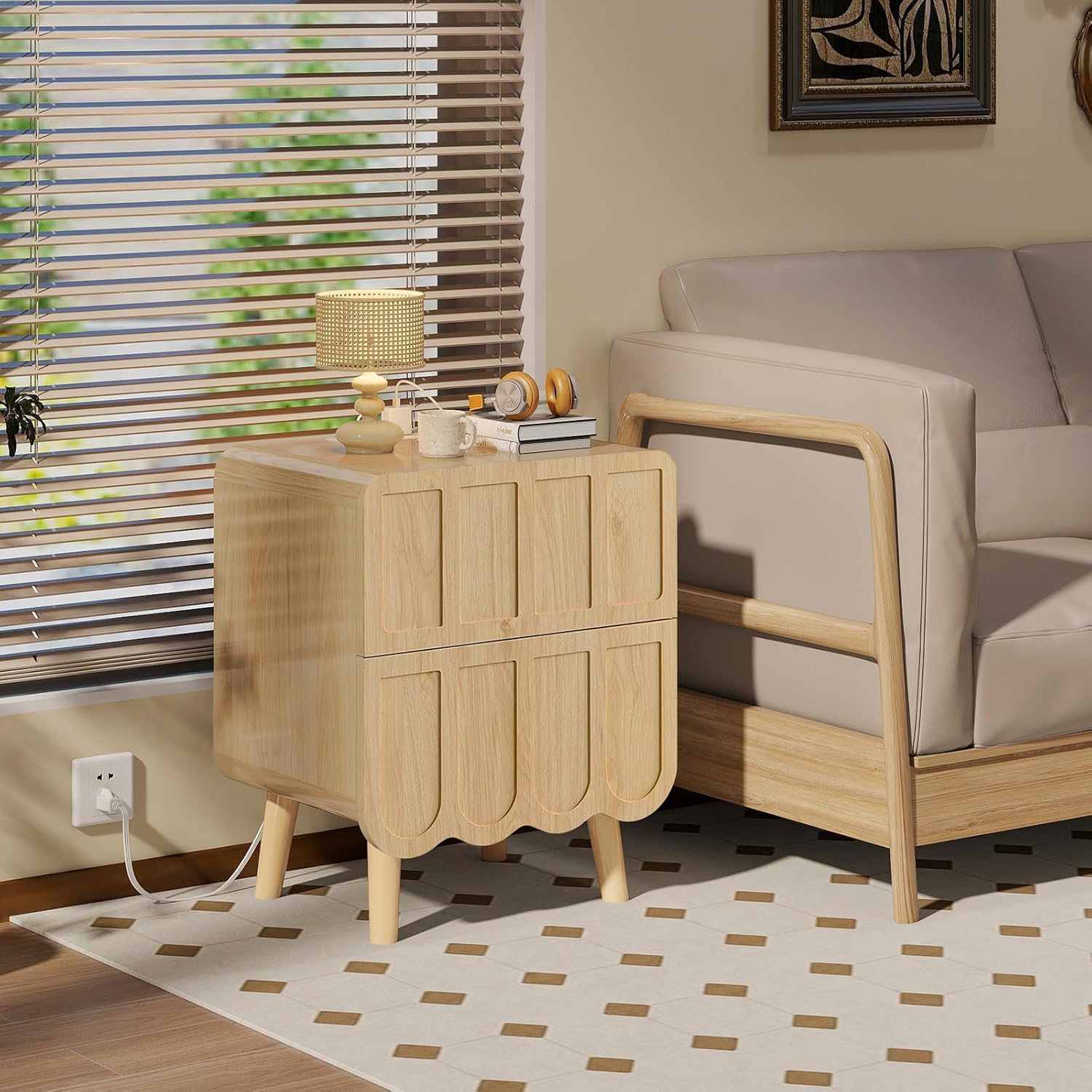 LYNCOHOME Nightstand with Charging Station, 18.9 inch Wide End Table with 2 Drawers, Modern Wood Bedside Table Mid Century Modern Night Stand for Bedroom (Natural) - Image 6