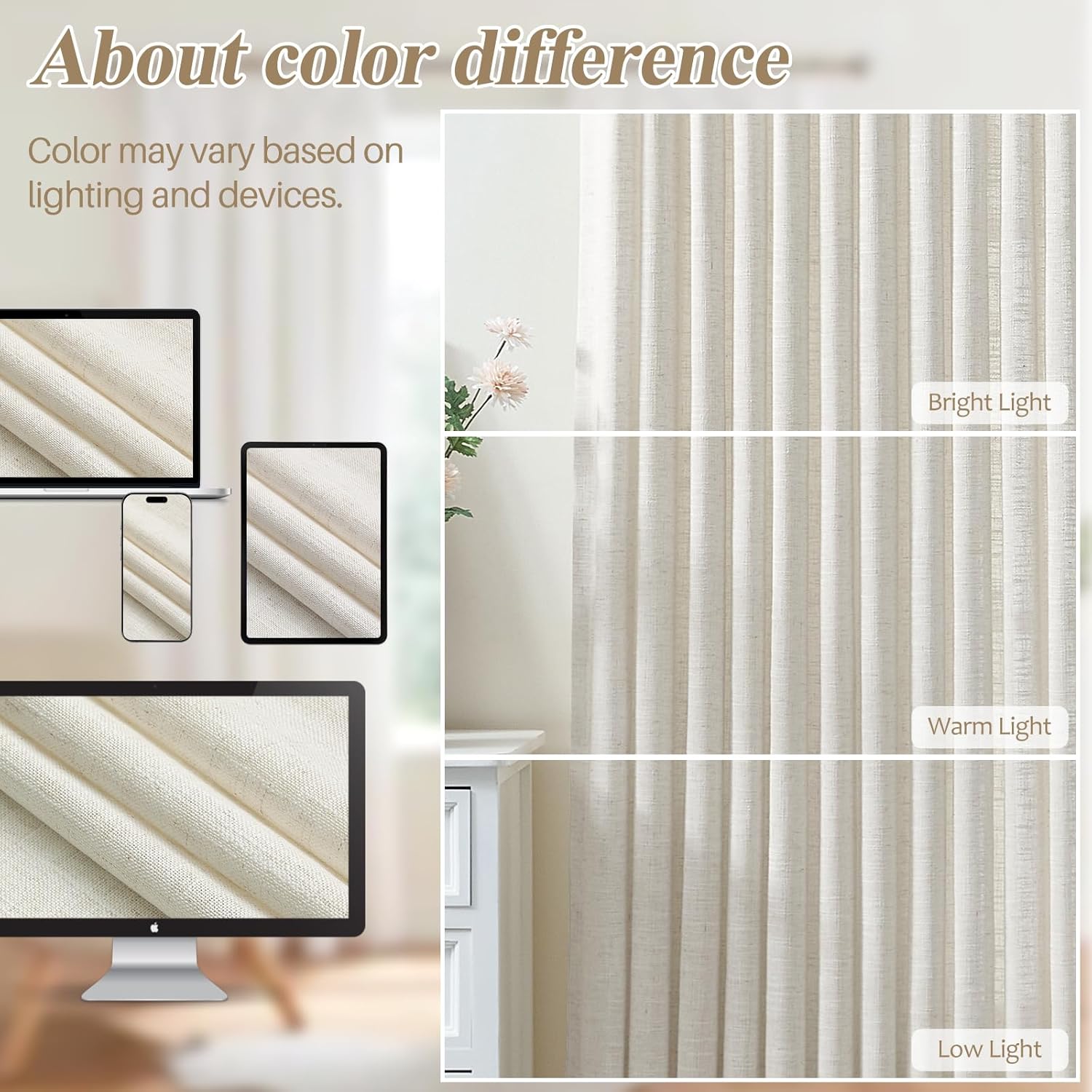 Pinch Pleated Linen Curtains 96 Inch Length for Living Room & Bedroom, Natural Light Filtering Pleat Drapes, Memory Trained Semi-Sheer Window Curtain with Hooks for Farmhouse, 2 Panels 40"Wx96"L