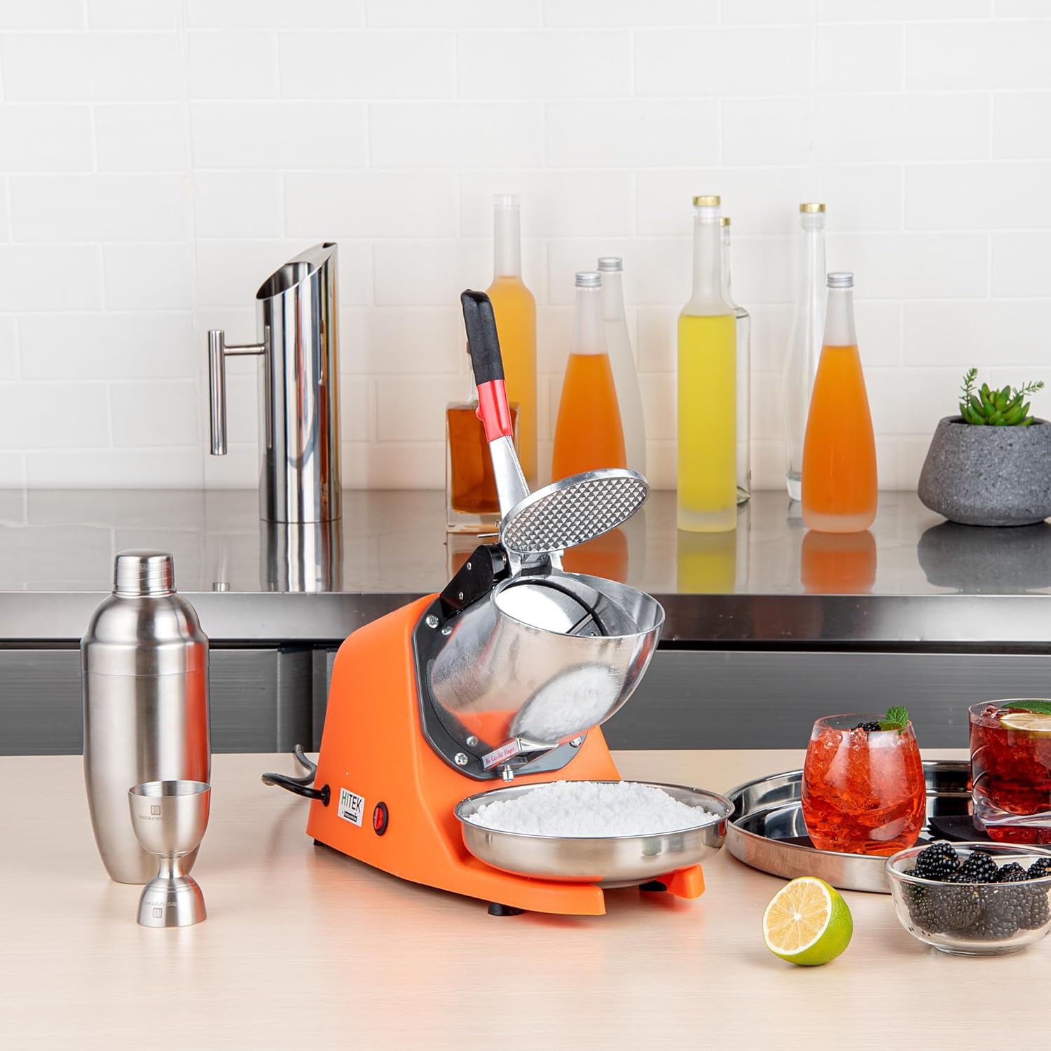 Restaurantware Ice Shaver 65 Count 13.39 x 6.30 x 8.27 Inches Plastic Ice Crusher Machine Double Blade Compact Orange