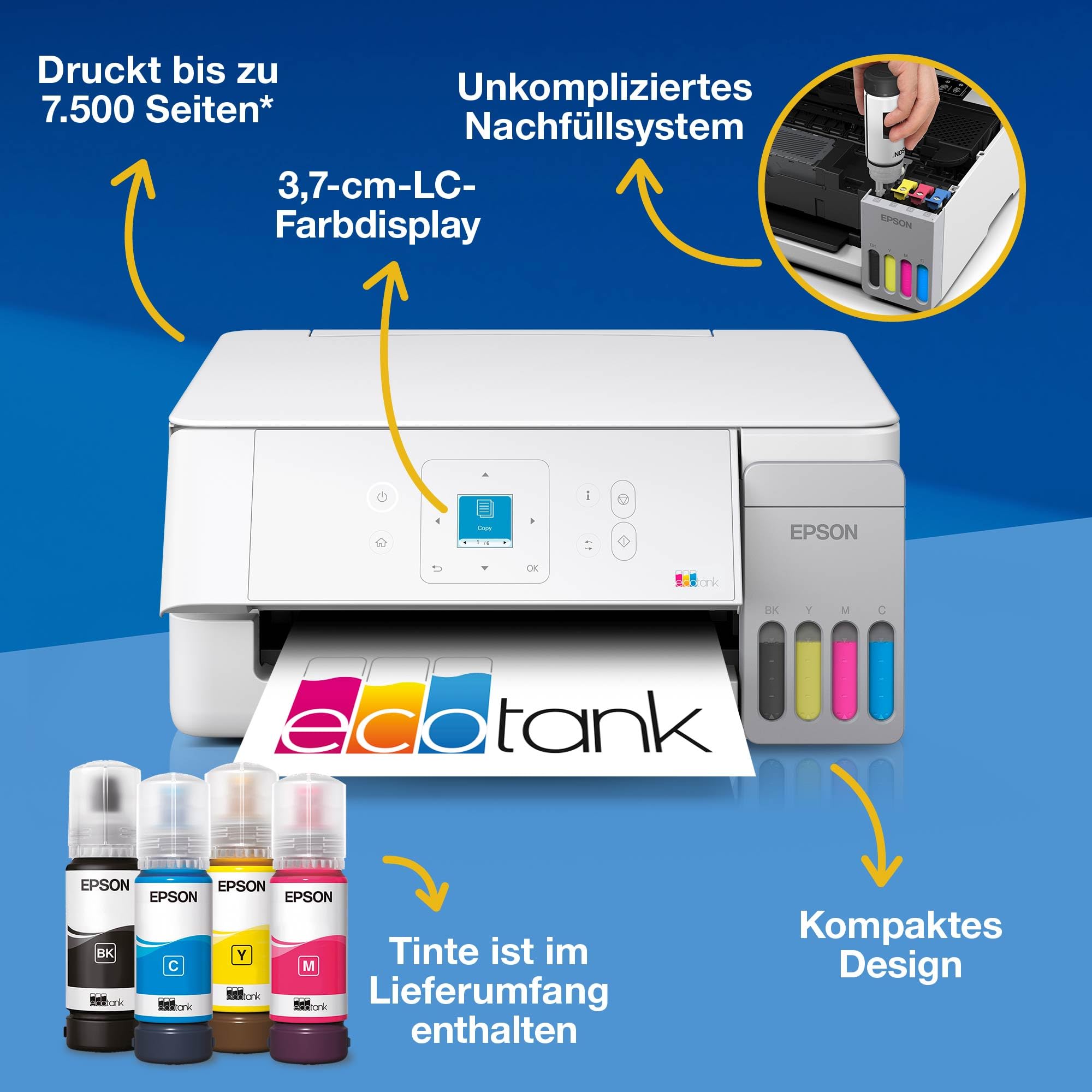 Epson EcoTank ET-2926 | Für vielbeschäftigte Haushalte | Wi-Fi | A4 | Drucken, Kopieren, Scannen | LC-Display | AirPrint-kompatibel | Kompakt | Enthält bis zu 3 Jahre Tinte