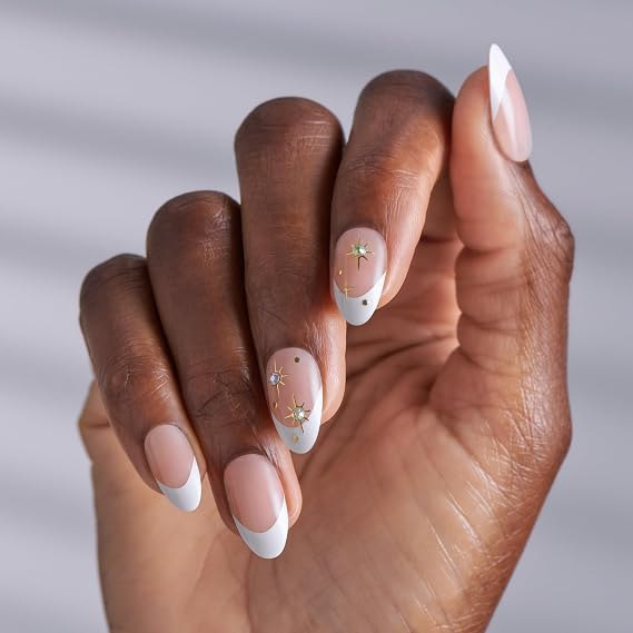 Kiss Impress No Glue Mani Press On Nails, Design,#39;Star player', White, Medium Size, Almond Shape, Includes 30 Nails, Prep Pad, Instructions Sheet, 1 Manicure Stick, 1 Mini File