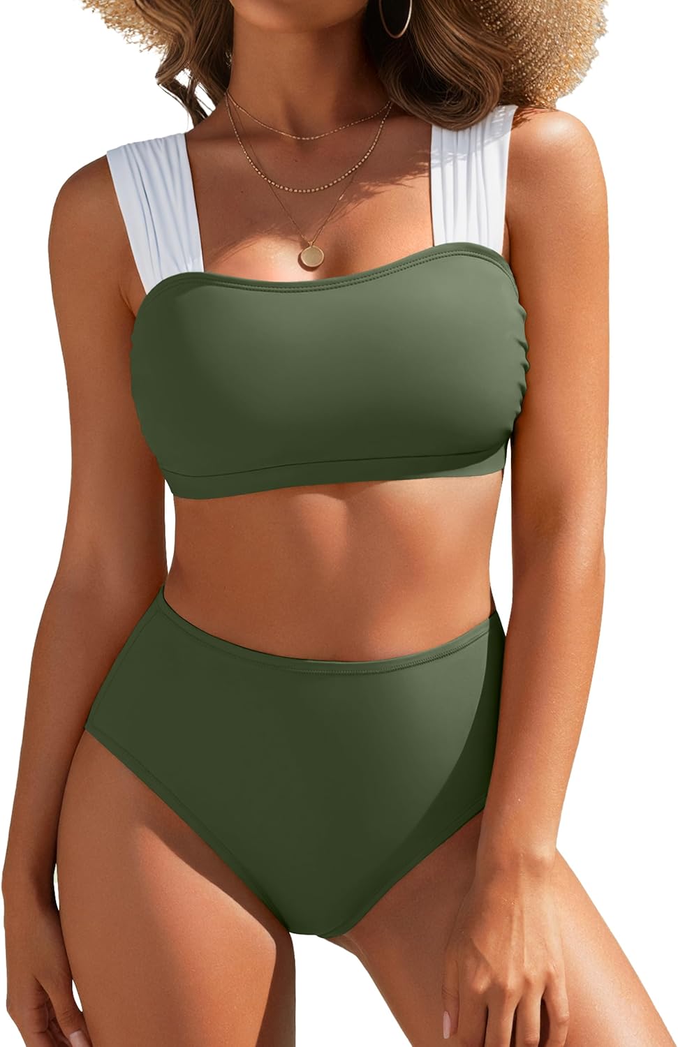 Blooming Jelly Womens High Waisted Bikini Color Block Tummy Control Swimsuits Sporty Supportive Bathing Suit (L, Army Green)