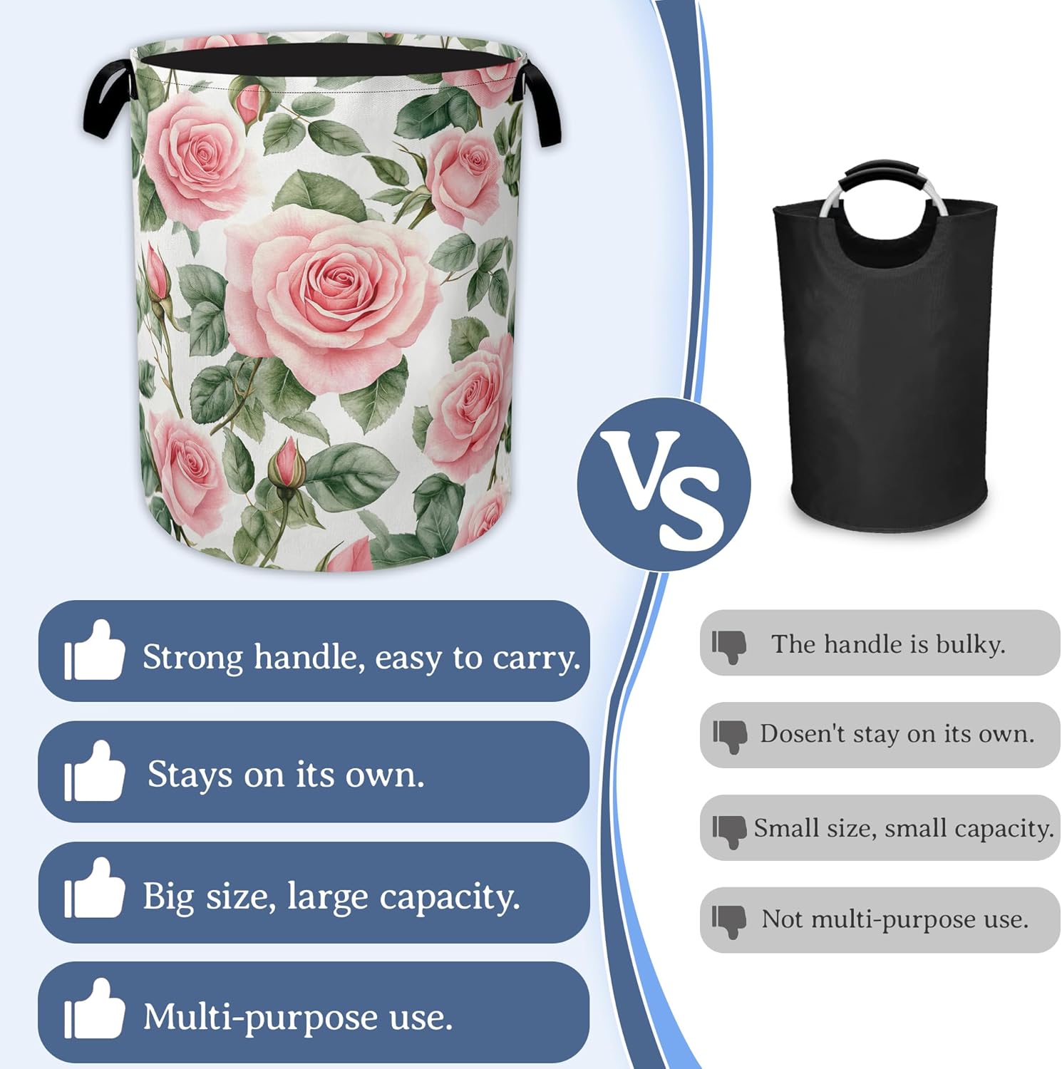 Flowers Laundry Basket,Foldable Oxford Cloth Vintage Pink Roses Laundry Hamper With Handle, 20.8"x16" Portable Clothes Storage Basket Bag for Laundry Room/Bathroom/Bedroom/Dormitories
