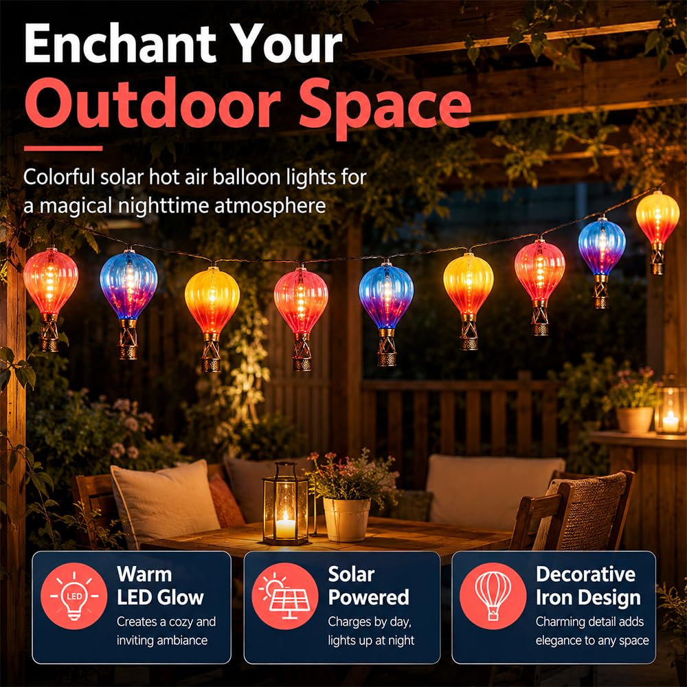 10er Solar Heißluftballon, 2,7m Solarlampen für Außen Hängend, Bunte Lichterkette Lampions Außen Wetterfest für Garten, Terrasse, Balkon & Rasen