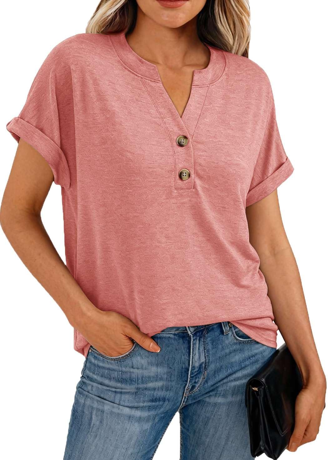 Fololy Damen Shirts Sommer V-Ausschnitt Bluse Kurzarm Baumwolle Oberteile elegant Tops