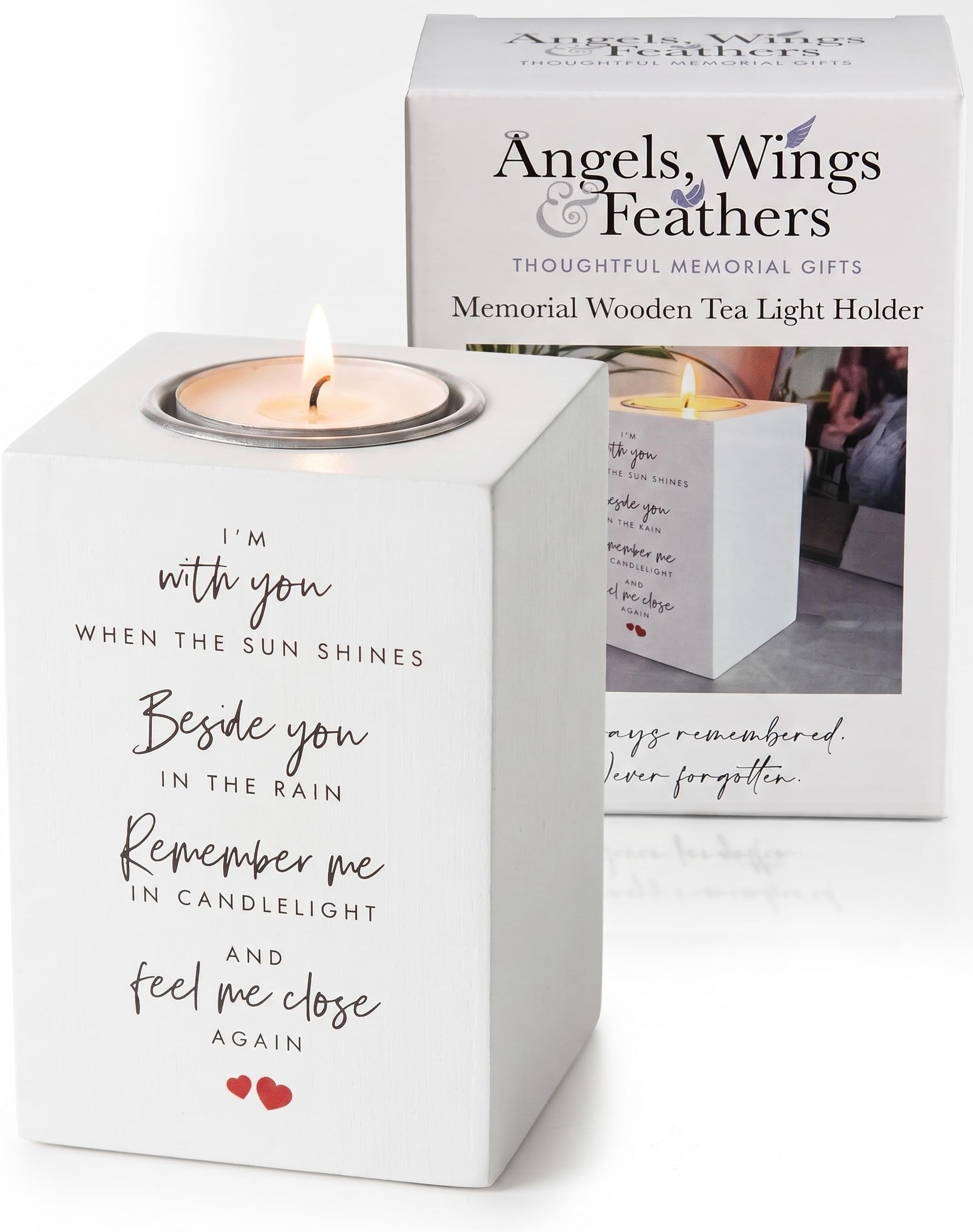 Wooden Memorial Candle Tealight Holder โ Bereavement Gifts โ Sympathy Gift for Remembrance โ 10ร7ร7 cm Poem Engraved Holder for Comforting Friends & Family โ Angels Wings & Feathers
