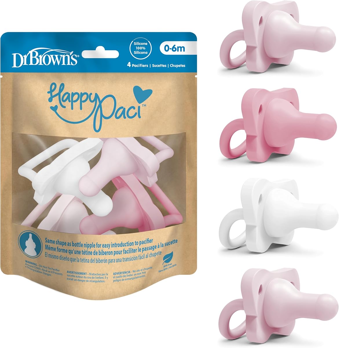 HappyPaci Chupete para bebé 100% silicona, diseño contorneado de una sola pieza, rosa claro/rosa/blanco, 0-6 m, sin BPA, paquete de 4