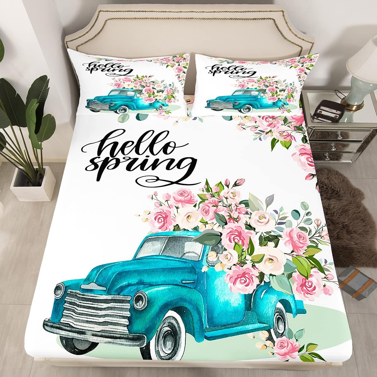 Hello Spring Bed Sheet Queen Set Pink Rose Floral Sheets Sets Adults Bedroom Decor Teal Car Pattern Microfiber Bedding Set with Flat,Fitted Sheet,2 Pillow Cases