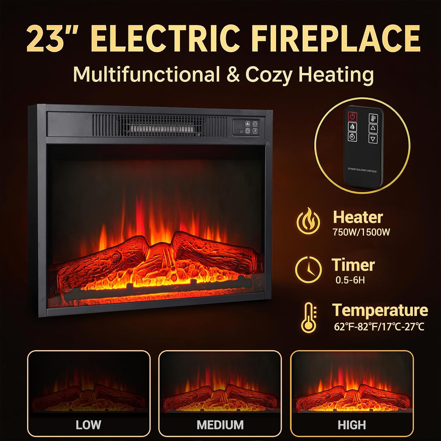 Close-up of the 23 inch electric fireplace insert showing controls, remote, and flame effects