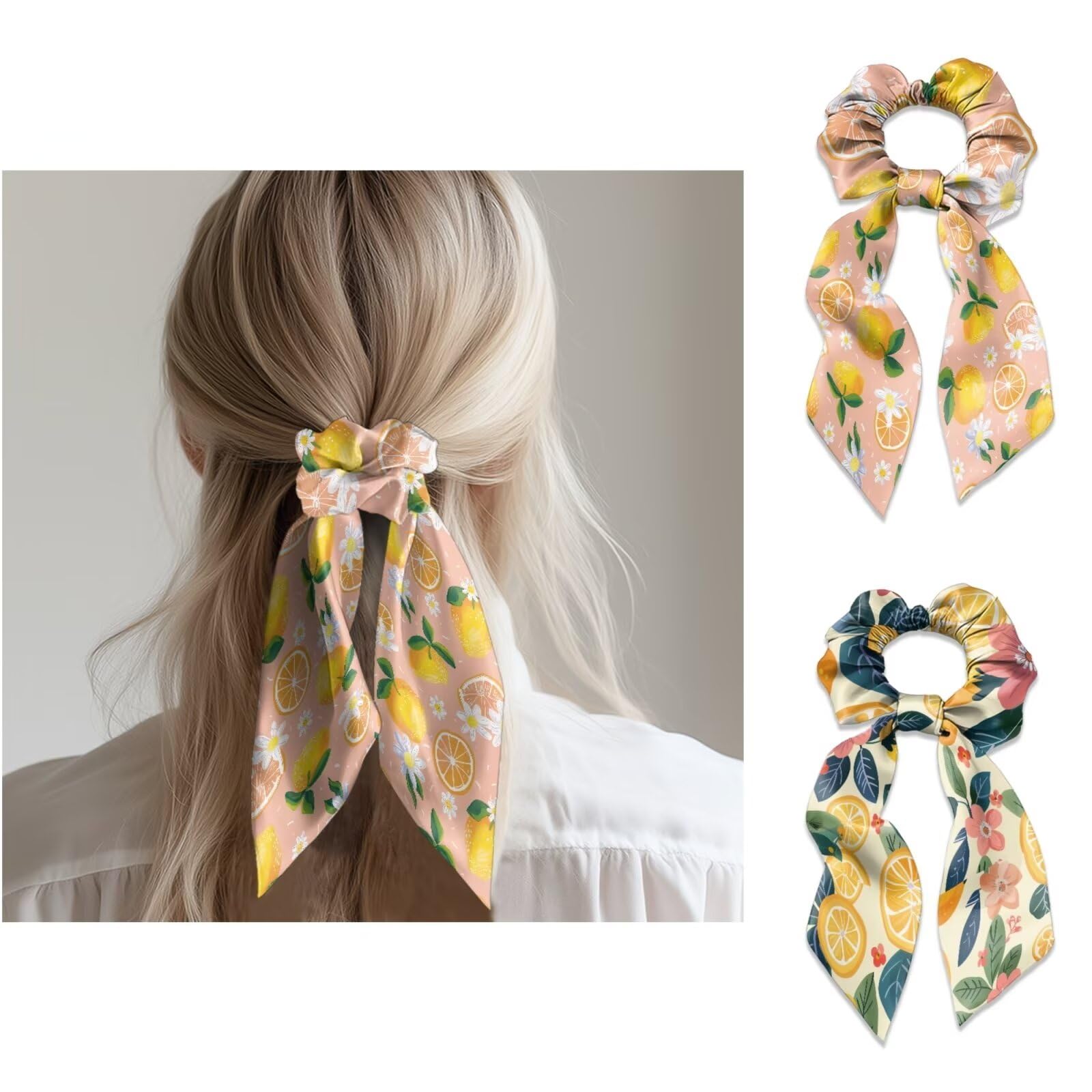 ZOUTAIRONG Lemon Ribbon Bow Scrunchies Ponytail Scarf Elastic Scrunchie with Long Ribbon Tails Yellow Hair Ribbons for Women Ponytail 2 Pack Hair Bow