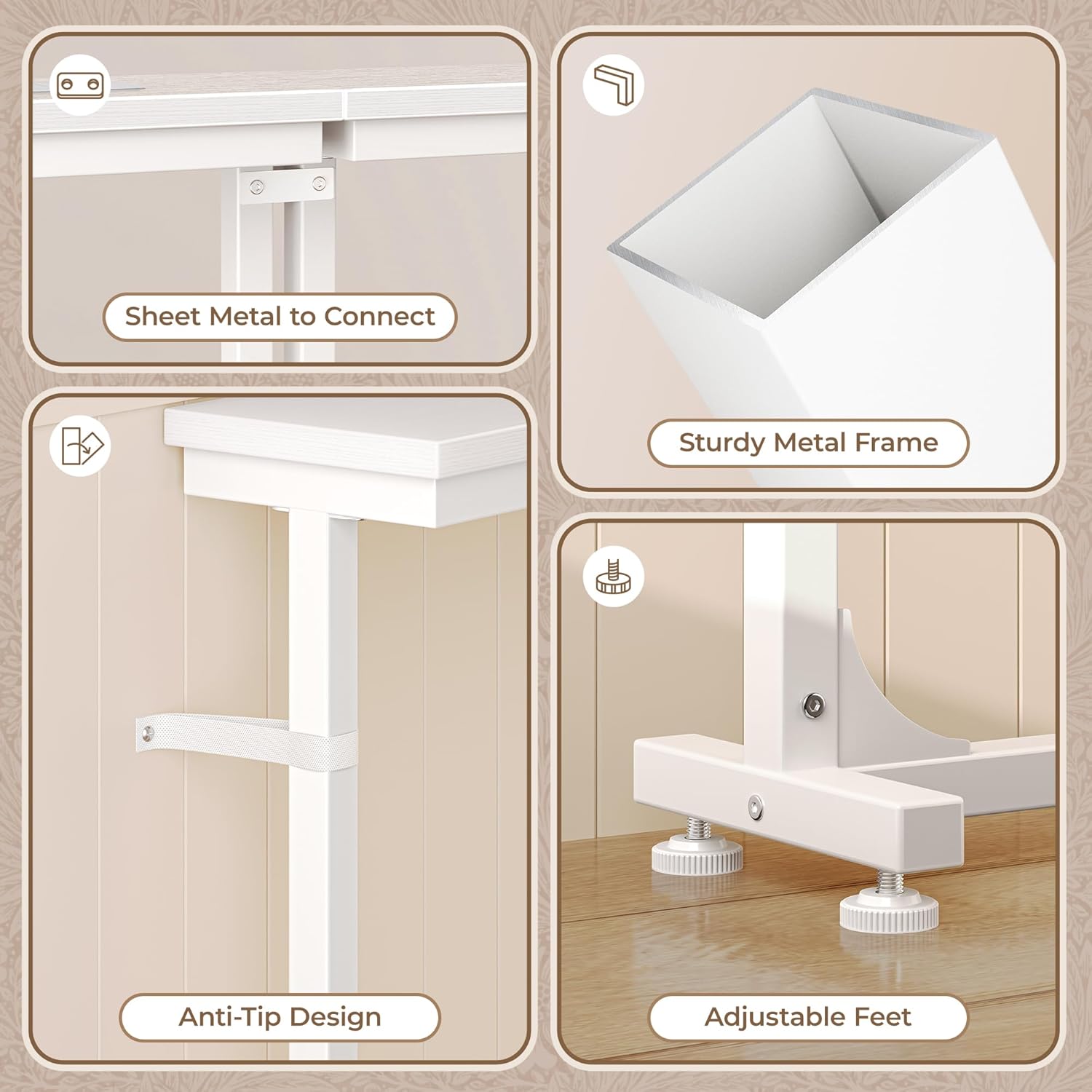 Diagram showing structural details including sheet metal connectors, sturdy metal frame, anti-tip design, and adjustable feet