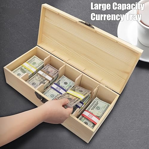 Miniatura 5 de Bandeja de madera con cerradura para dinero con bandeja para monedas, 5 compartimentos, organizador de dinero en efectivo de madera, caja de cambio,